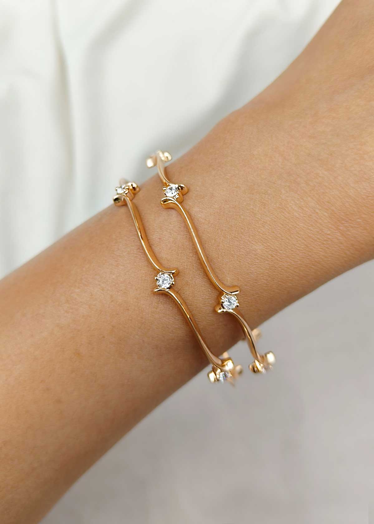 Minimalist Wave-Inspired Cubic Zirconia Gold-Plated Fixed Bangle (Pair)