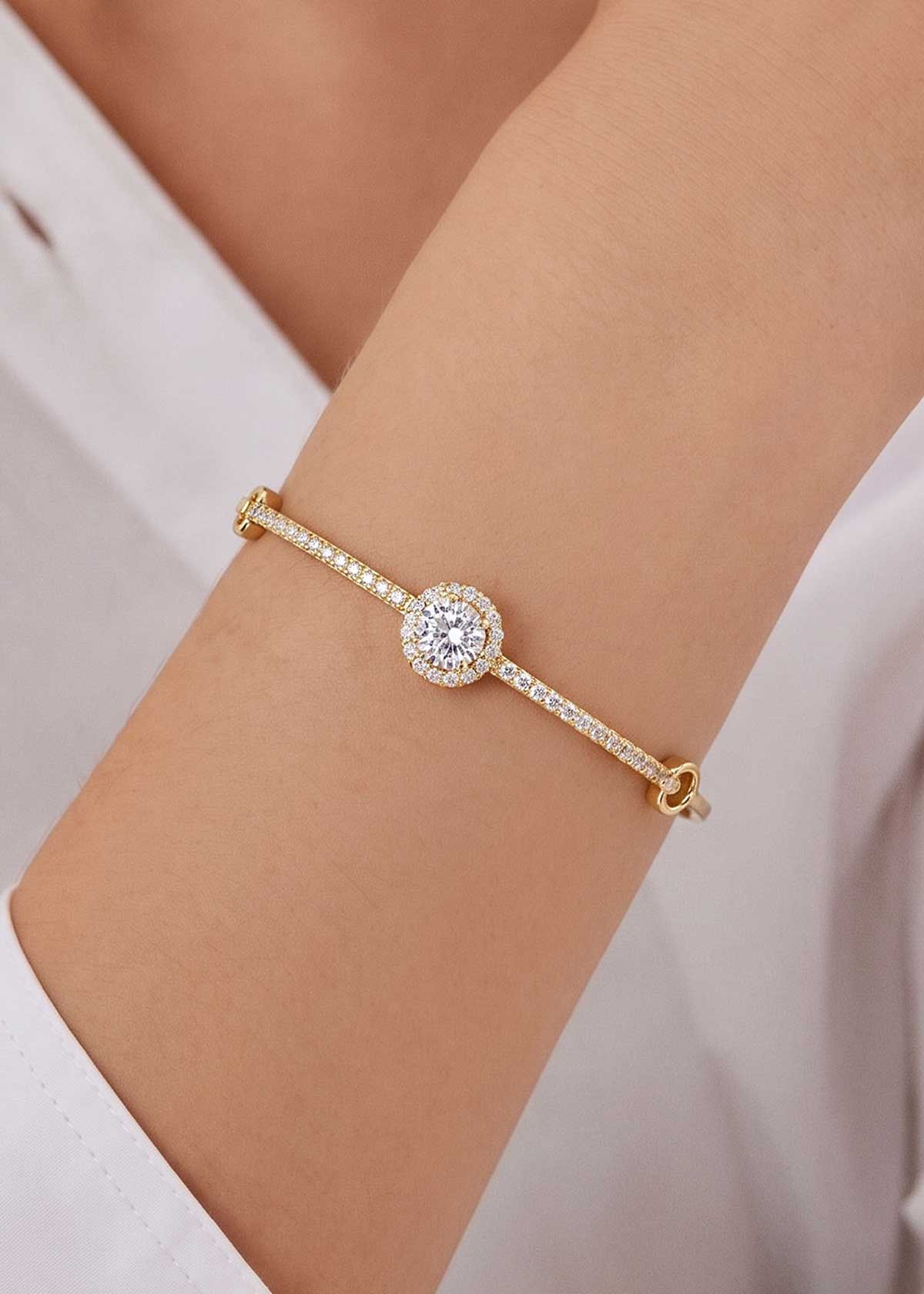 Shimmering Gold And Silver-Plated Cubic Zircon Halo Bar Adjustable Loose Bracelet For Women