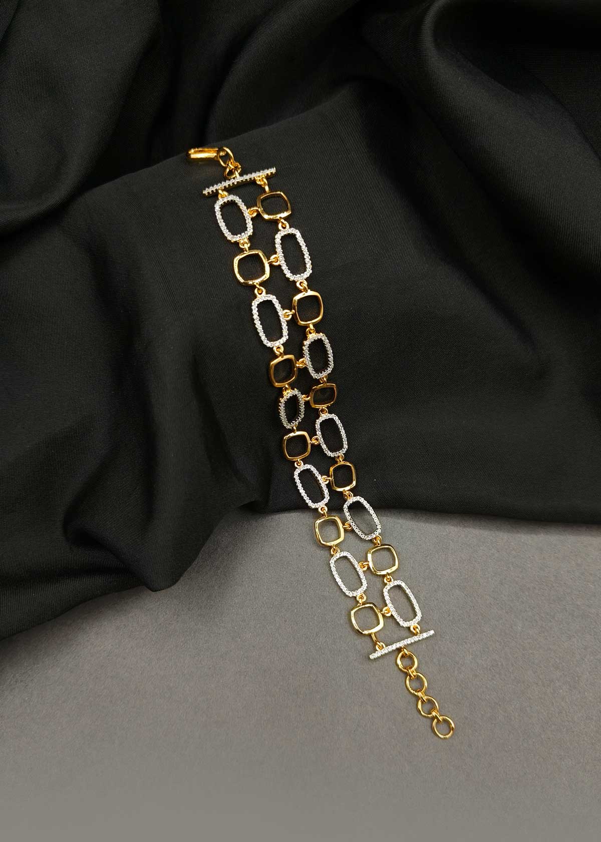 Statement Dual-Layer Gold And Silver-Plated Cubic Zircon Adjustable Loose Bracelet