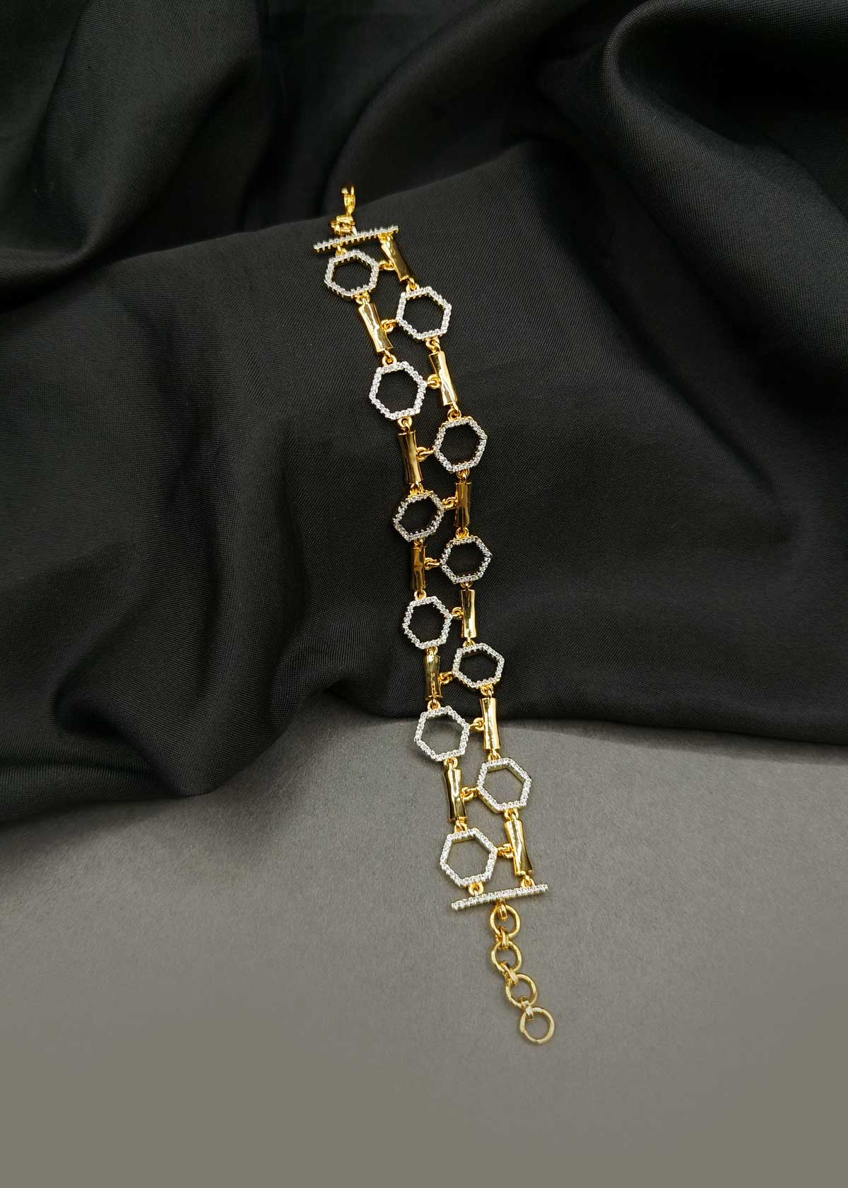 Contemporary Geometric Dual-Layer Gold And Silver-Plated Cubic Zircon Adjustable Loose Bracelet