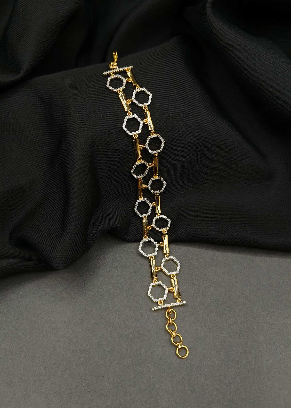 Contemporary Geometric Dual-Layer Gold And Silver-Plated Cubic Zircon Adjustable Loose Bracelet