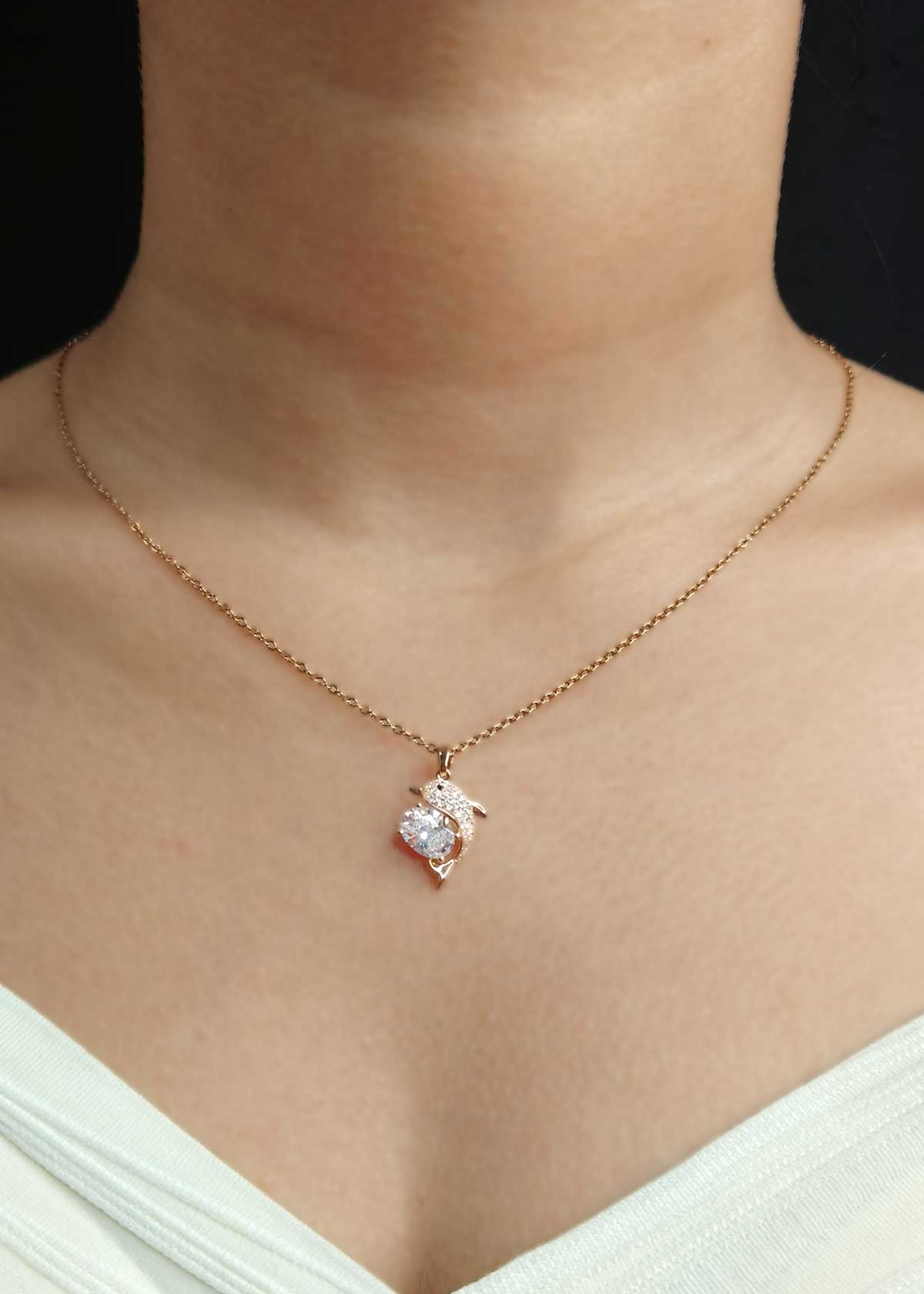 Whimsical Dolphin Charm Rose Gold Plated Cubic Zircon Pendant With Adjustable Chain