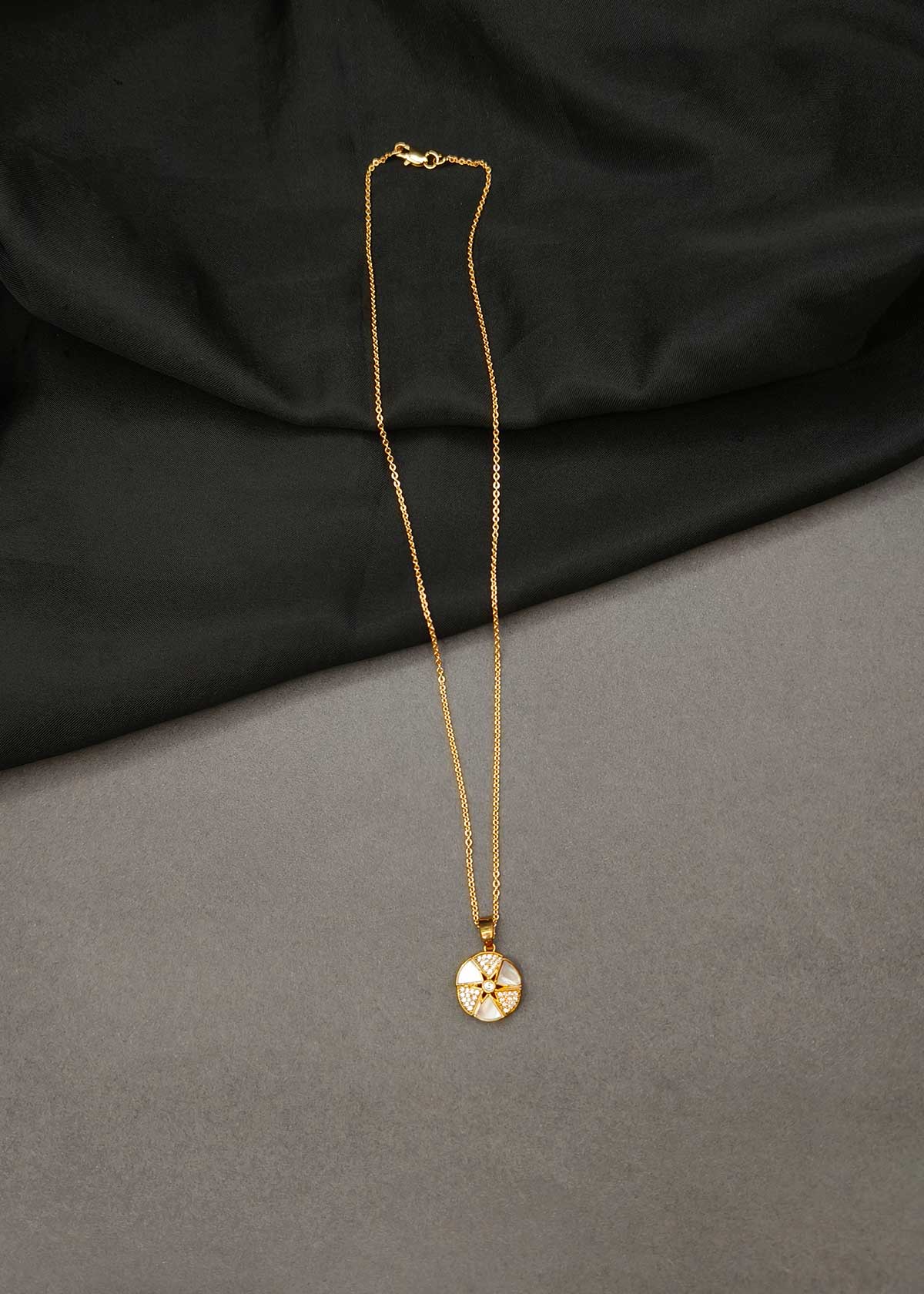 Circular Motif Mother Of Pearl And Cubic Zircon Gold Plated Pendant With Chain