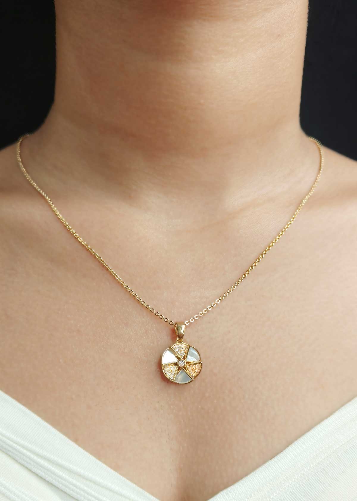 Circular Motif Mother Of Pearl And Cubic Zircon Gold Plated Pendant With Chain