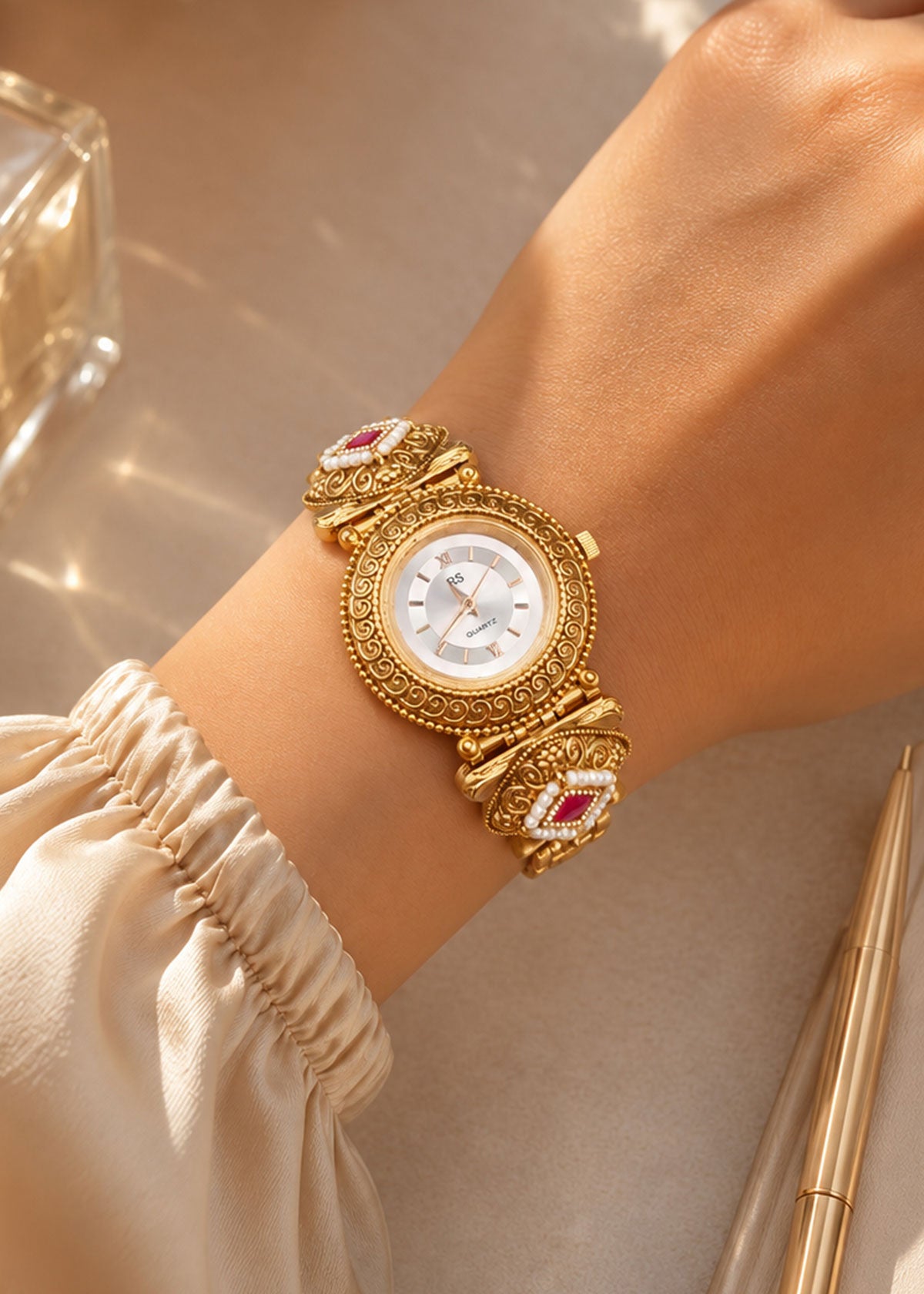 Traditional Meenakari, Kundan & Seed Pearl Heavy Bracelet Watch For Women
