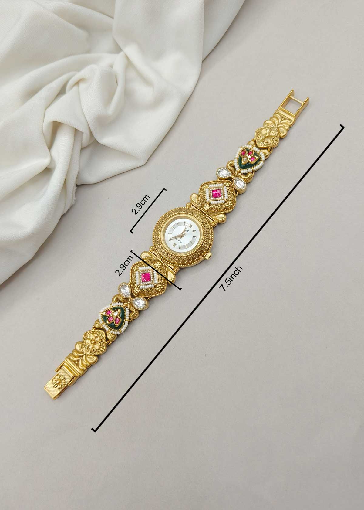 Traditional Meenakari, Kundan & Seed Pearl Heavy Bracelet Watch For Women