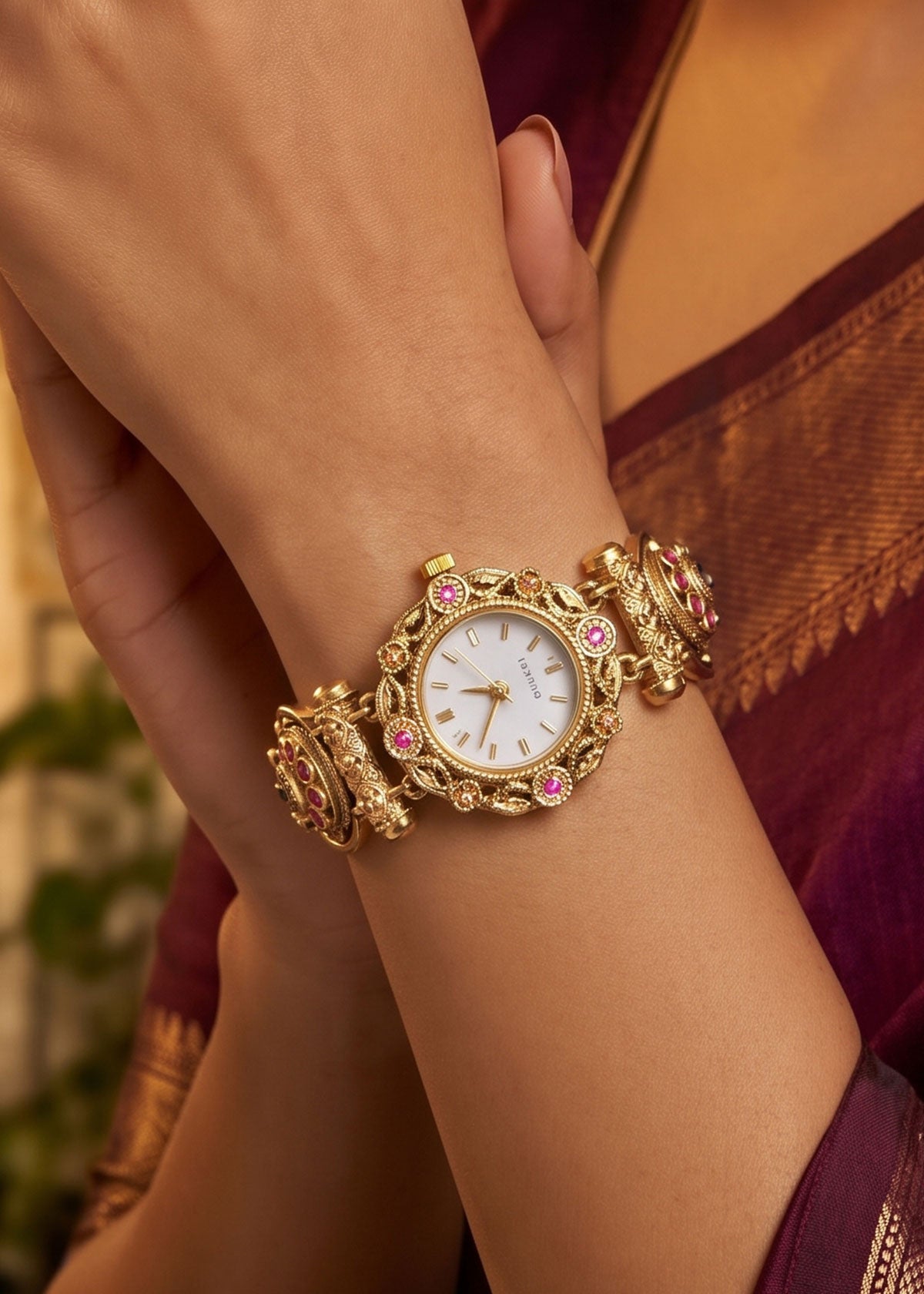 Temple Style Kundan, Pearl & Cubic Zircon Bold Adjustable Watch For Women