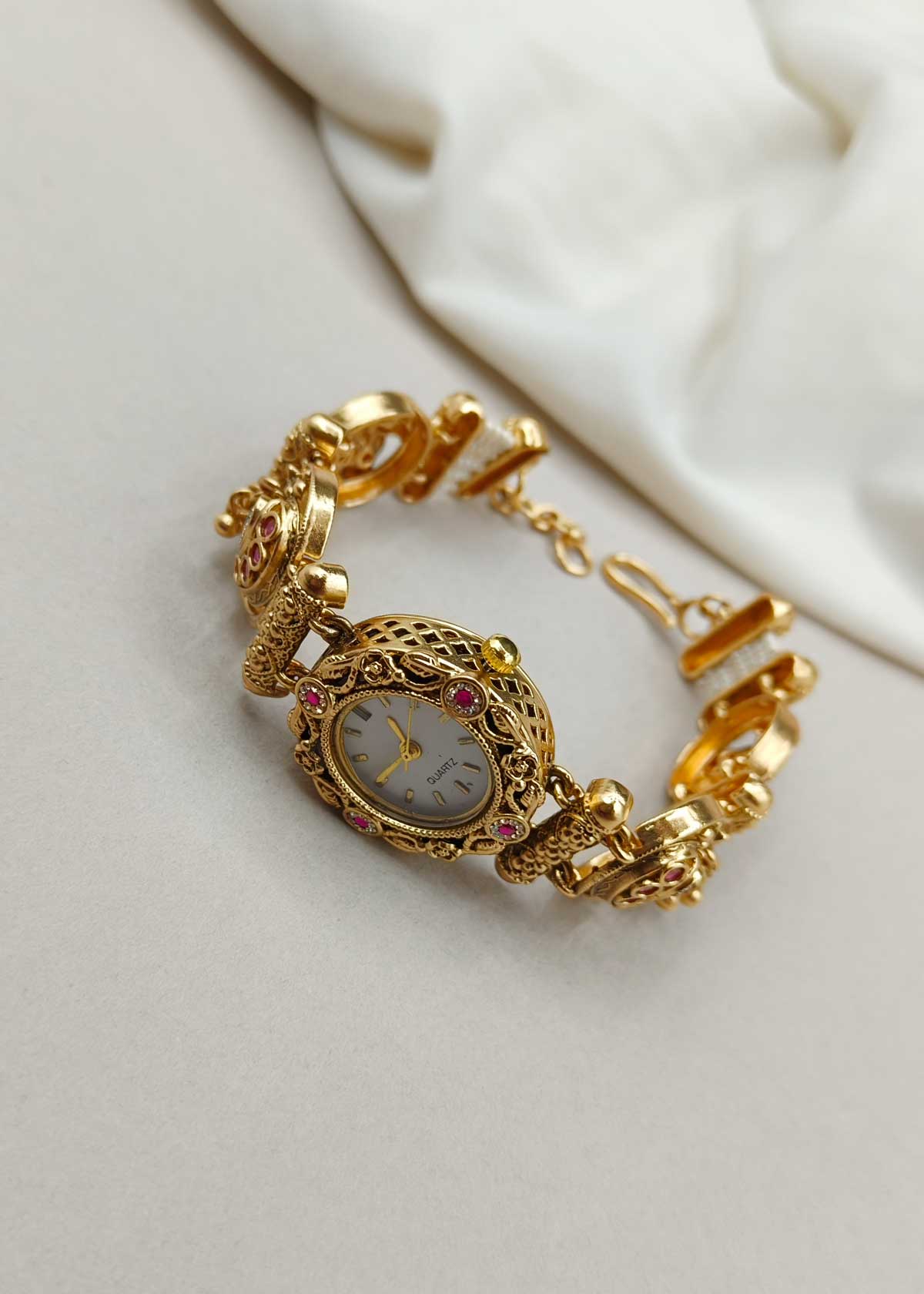 Temple Style Kundan, Pearl & Cubic Zircon Bold Adjustable Watch For Women
