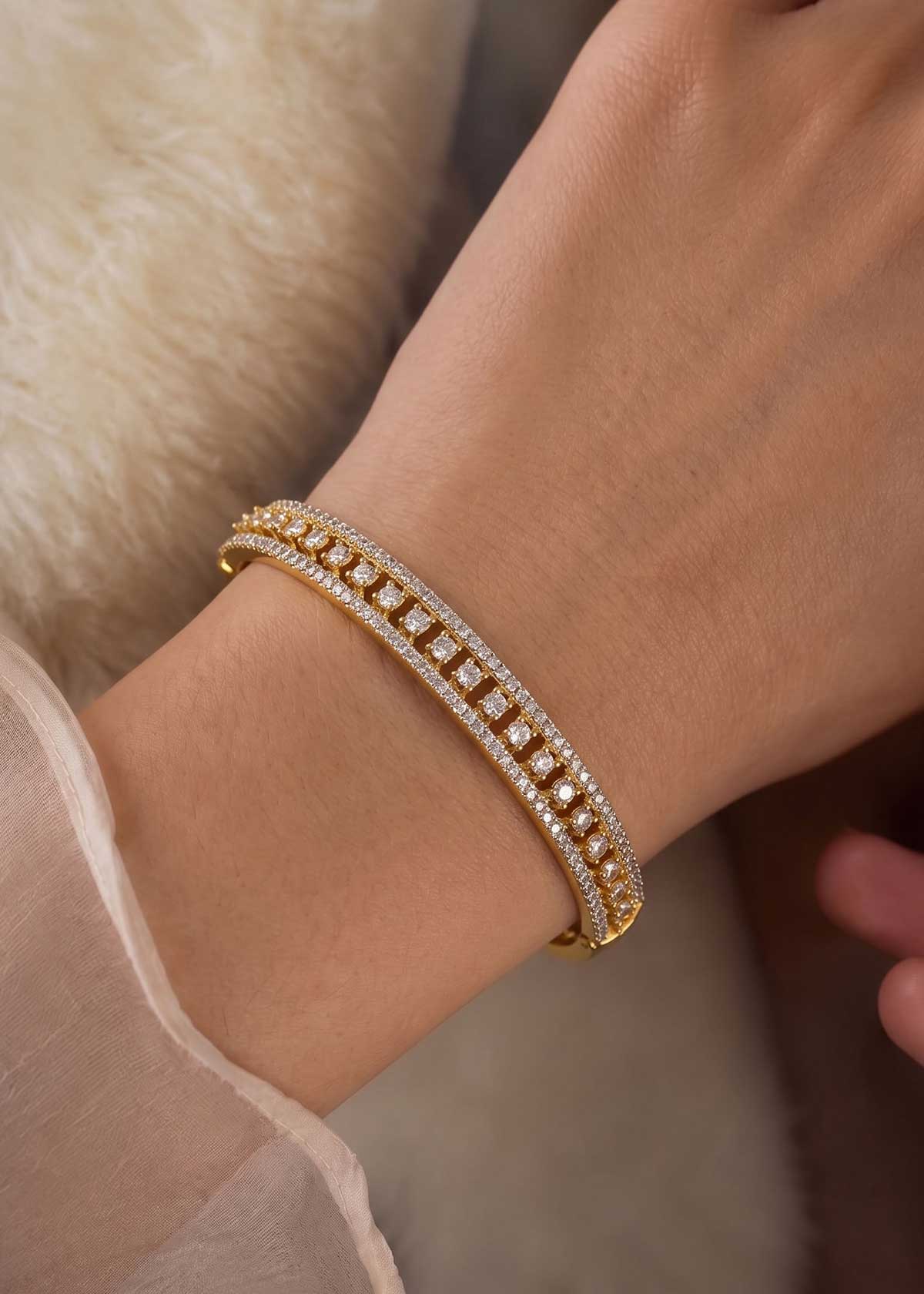 Elegant Double Row Cubic Zircon Gold And Silver Plated Openable Kada Bracelet