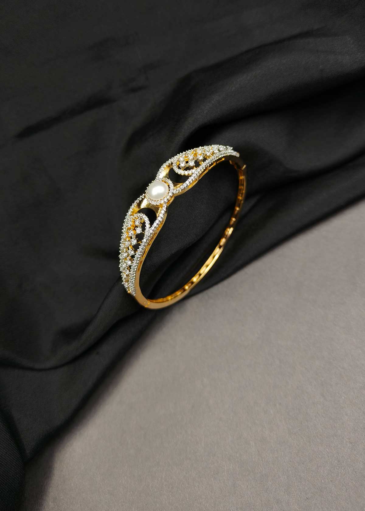 Elegant Pearl Centerpiece Cubic Zircon Gold And Silver Plated Openable Kada Bracelet