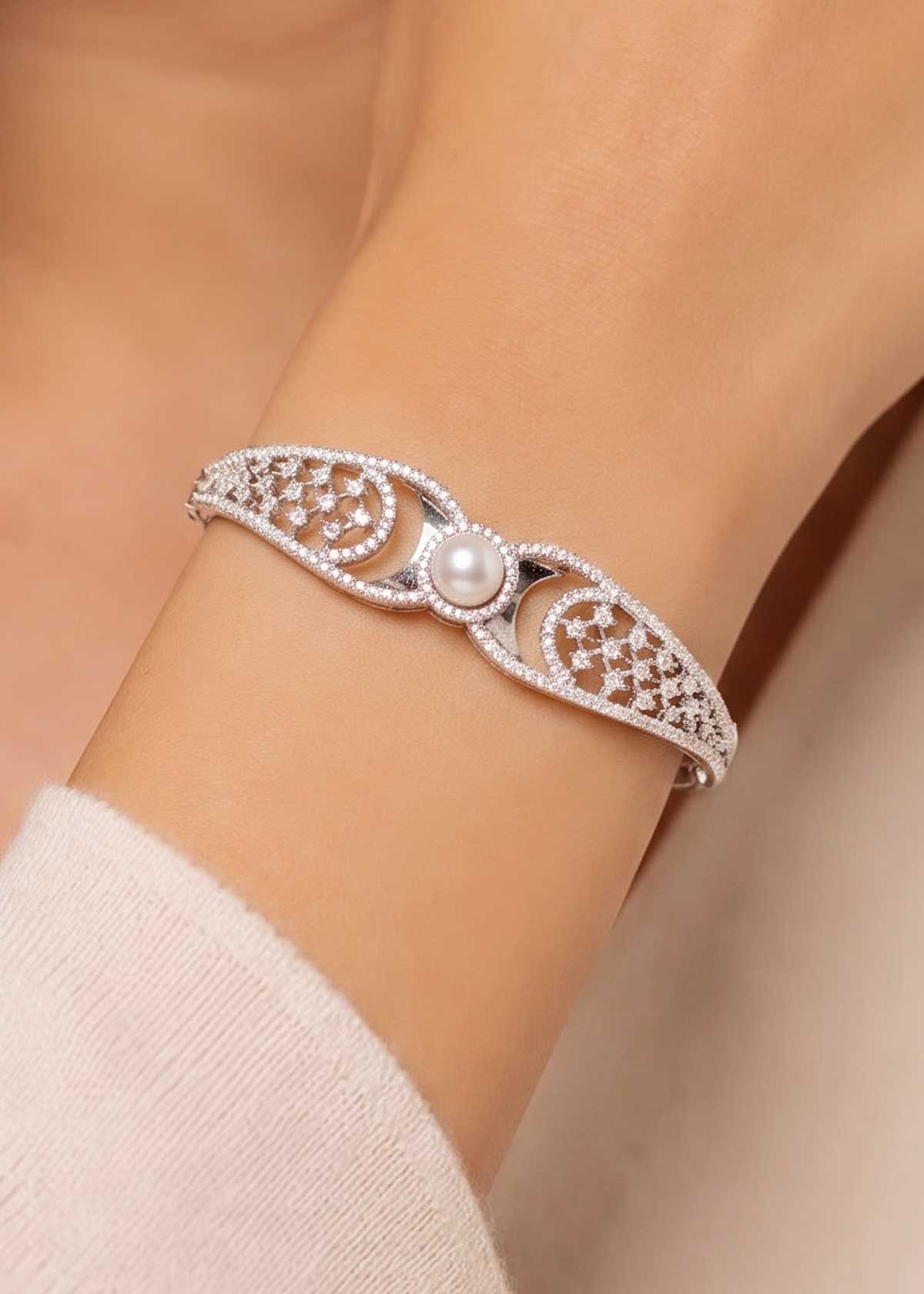 Elegant Pearl Centerpiece Cubic Zircon Gold And Silver Plated Openable Kada Bracelet For Women