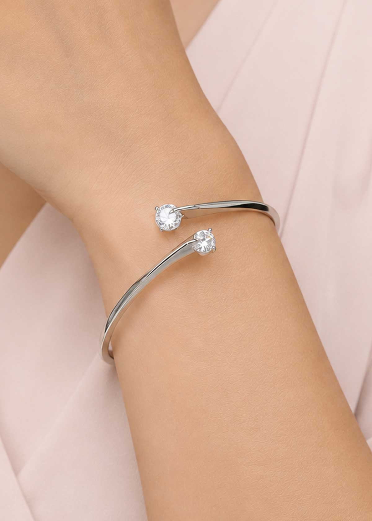 Twin Stone Bypass Cubic Zircon Three Tone Openable Kada Bracelet For Women