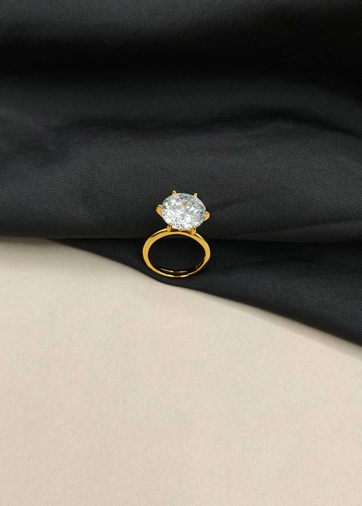 Classic Large Solitaire Diamond Gold Plated Adjustable Finger Ring For Women