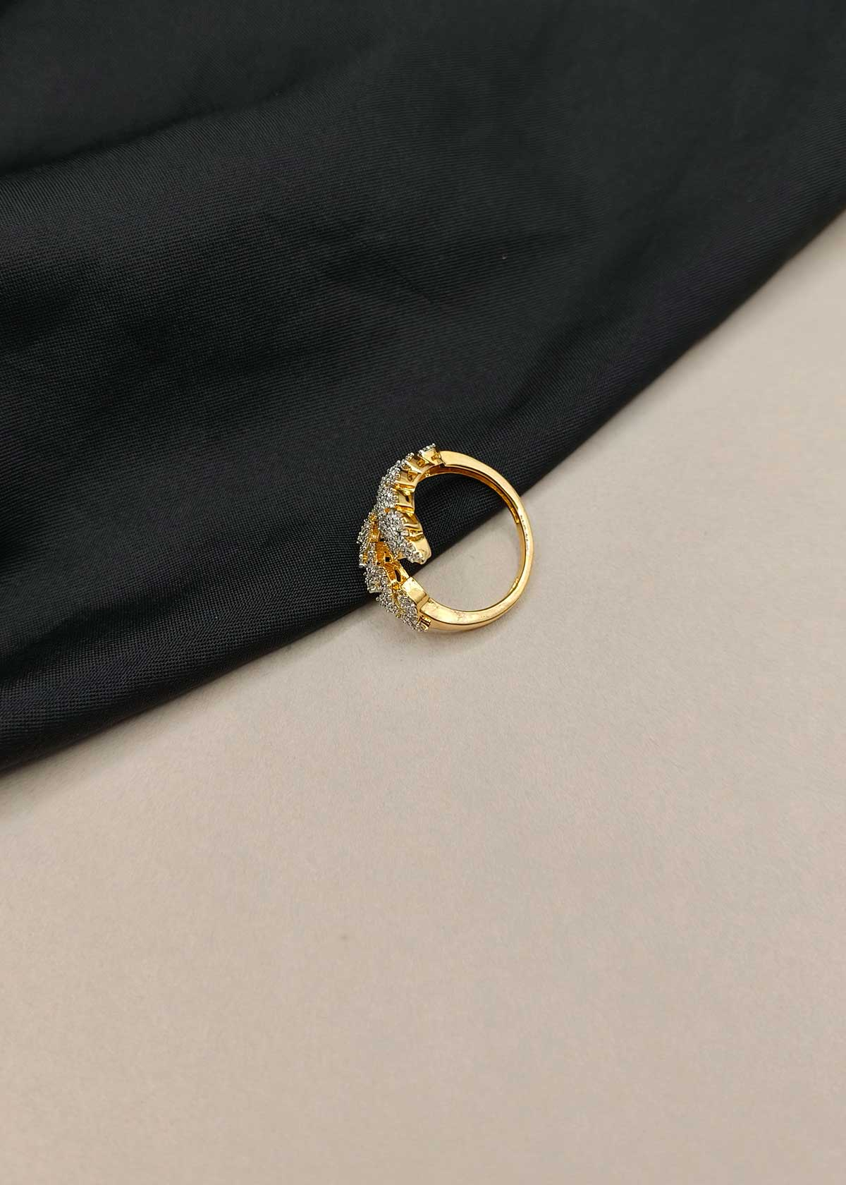Nature Inspired Overlapping Leaf Cubic Zircon Gold Plated Adjustable Finger Ring For Women
