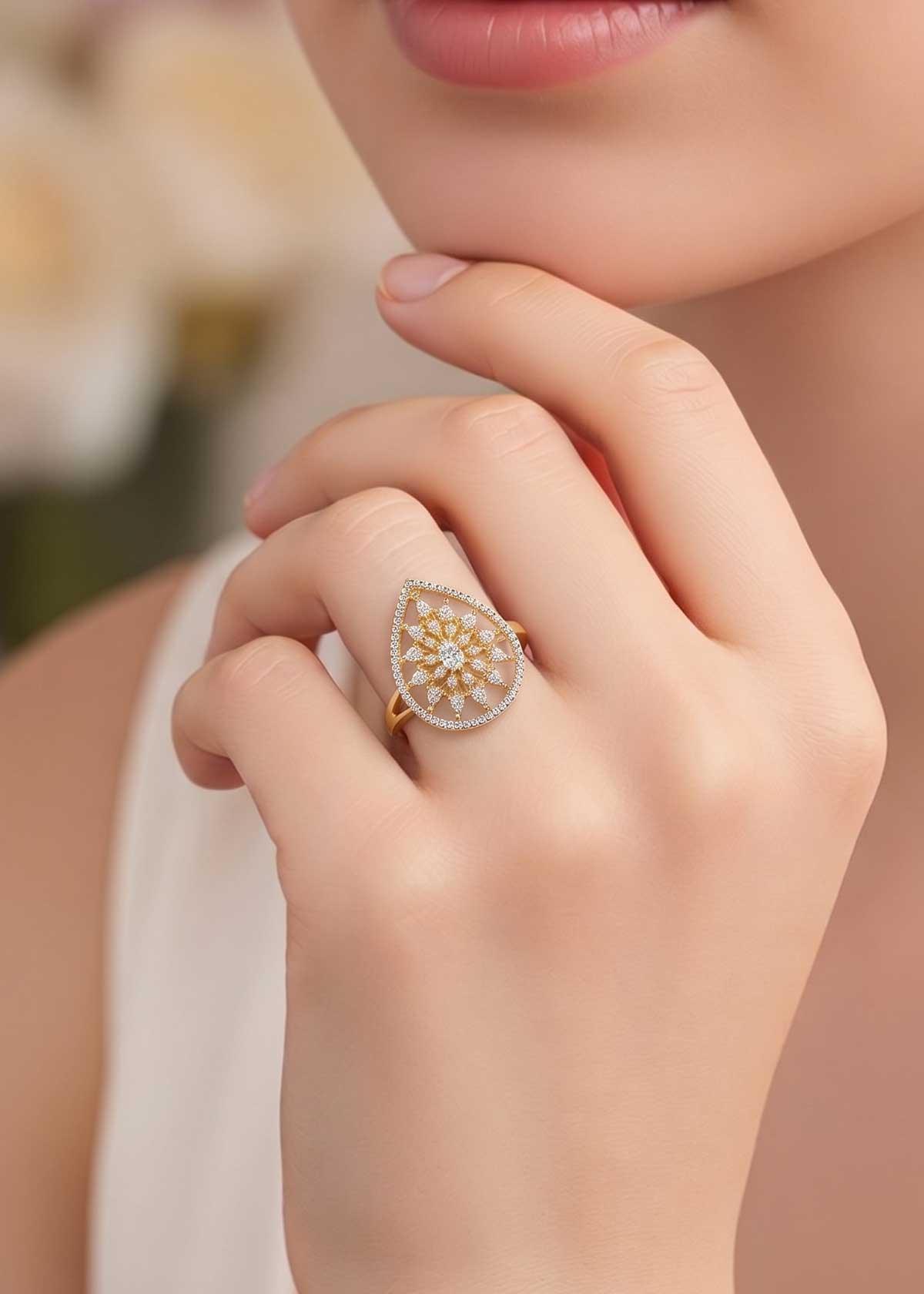 Teardrop Floral Pave Border Cubic Zircon Dual Tone Statement Finger Ring For Women