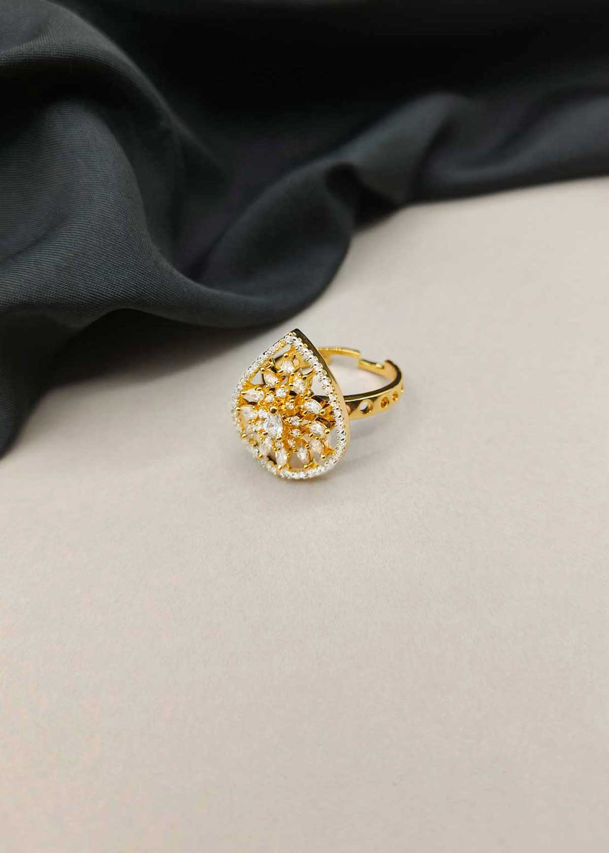Teardrop Floral Pave Border Cubic Zircon Dual Tone Statement Finger Ring For Women