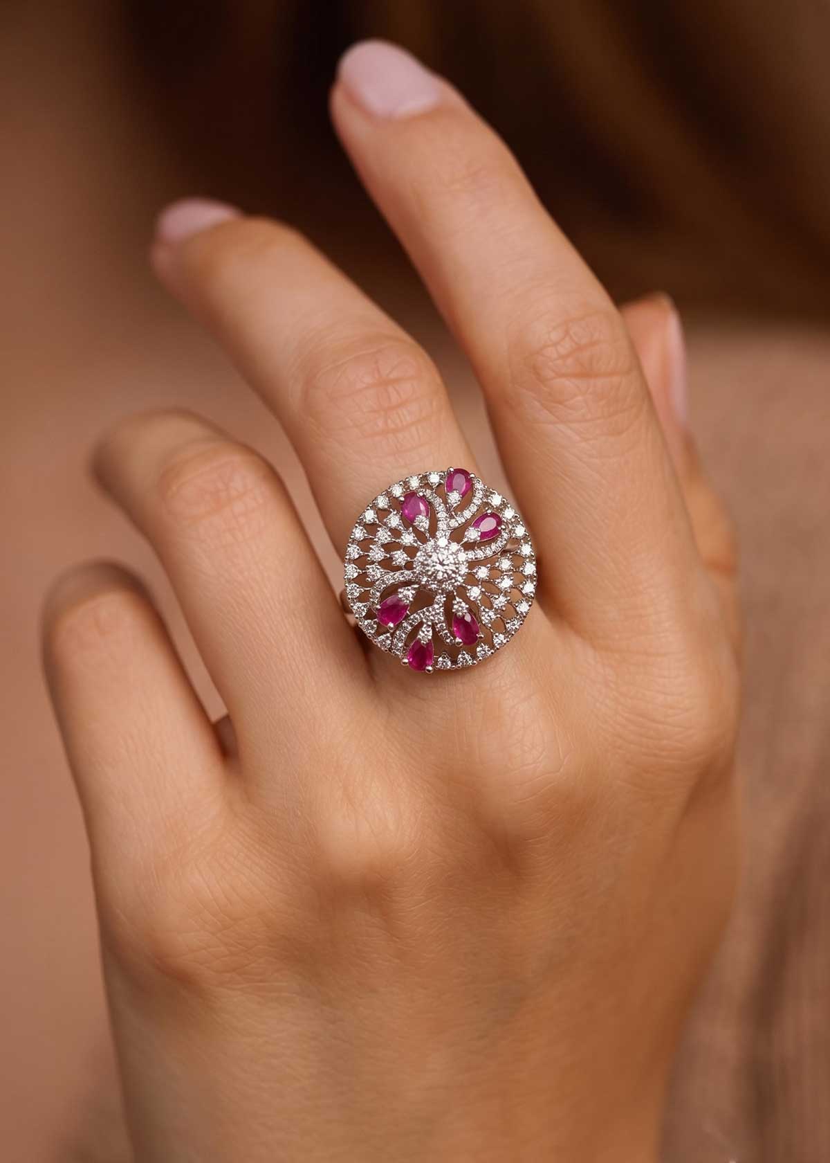 Fabulous Floral Cluster Marquise Cubic Zircon & Colorfulstone Dual Tone Adjustable Ring For Women