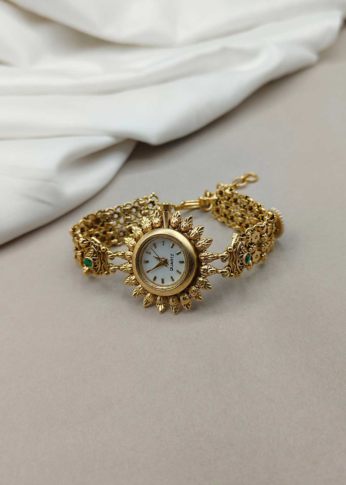 Heavy Temple Style Kemp, Cubic Zircon & Seed Pearl Sunburst Adjustable Bracelet Watch For Women