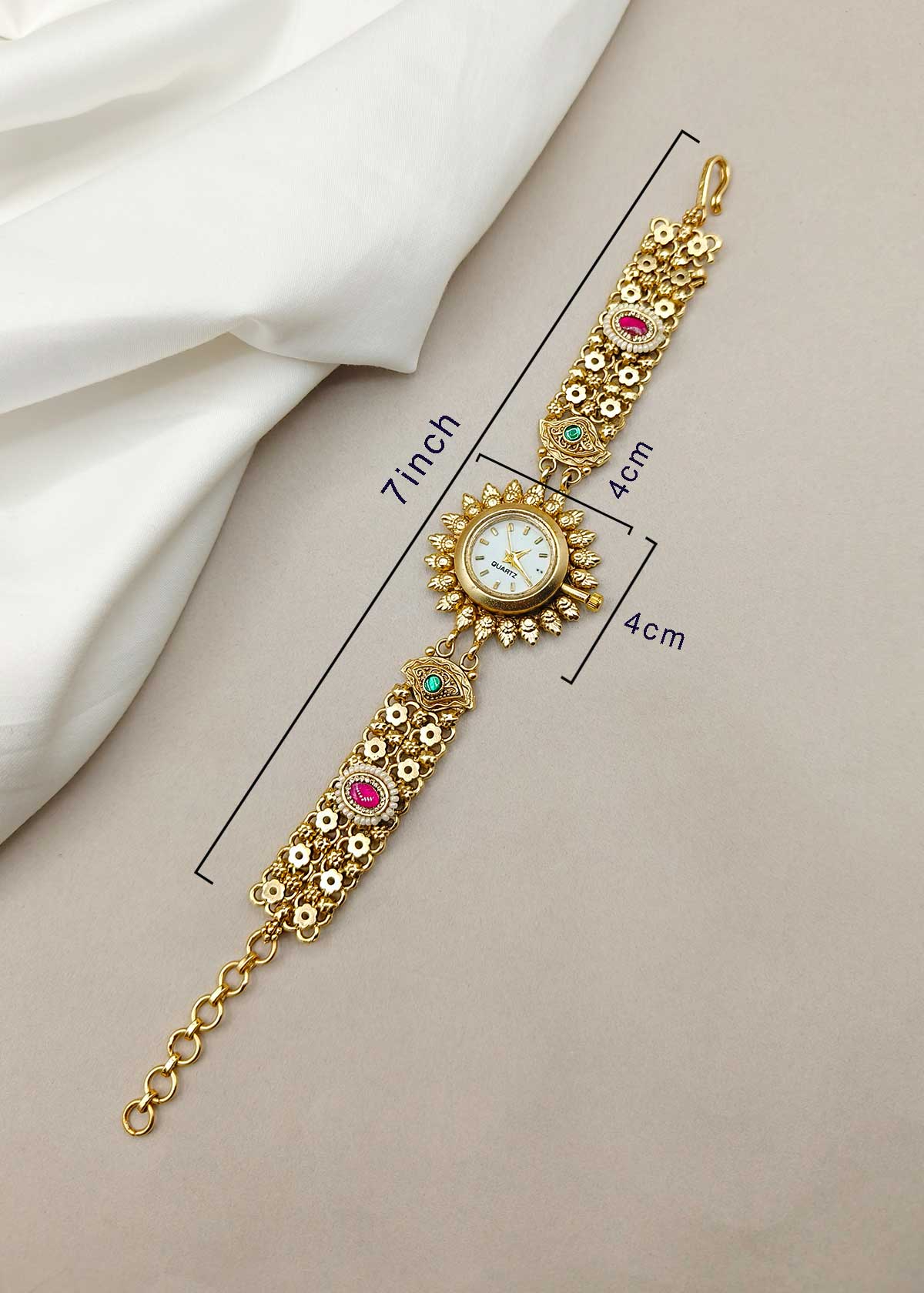 Heavy Temple Style Kemp, Cubic Zircon & Seed Pearl Sunburst Adjustable Bracelet Watch For Women