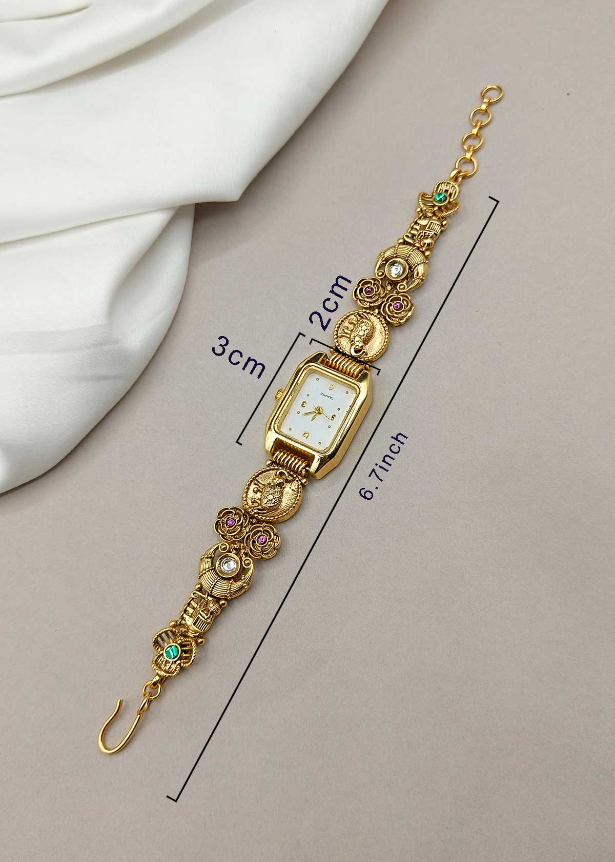Traditional Rectangular Shape Elephant Coin Motif Kundan & Cubic Zircon Adjustable Bold Watch For Women