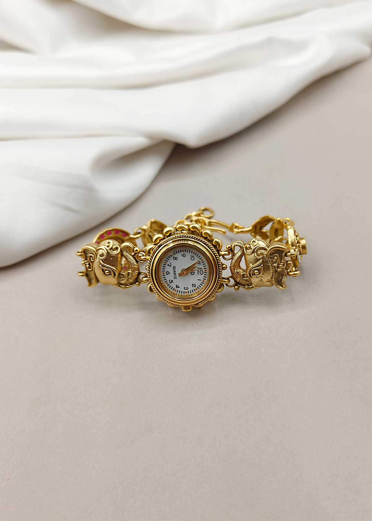 Rajwadi Style Royal Elephant Motif Kundan & Cubic Zircon Heavy Adjustable Watch For Women
