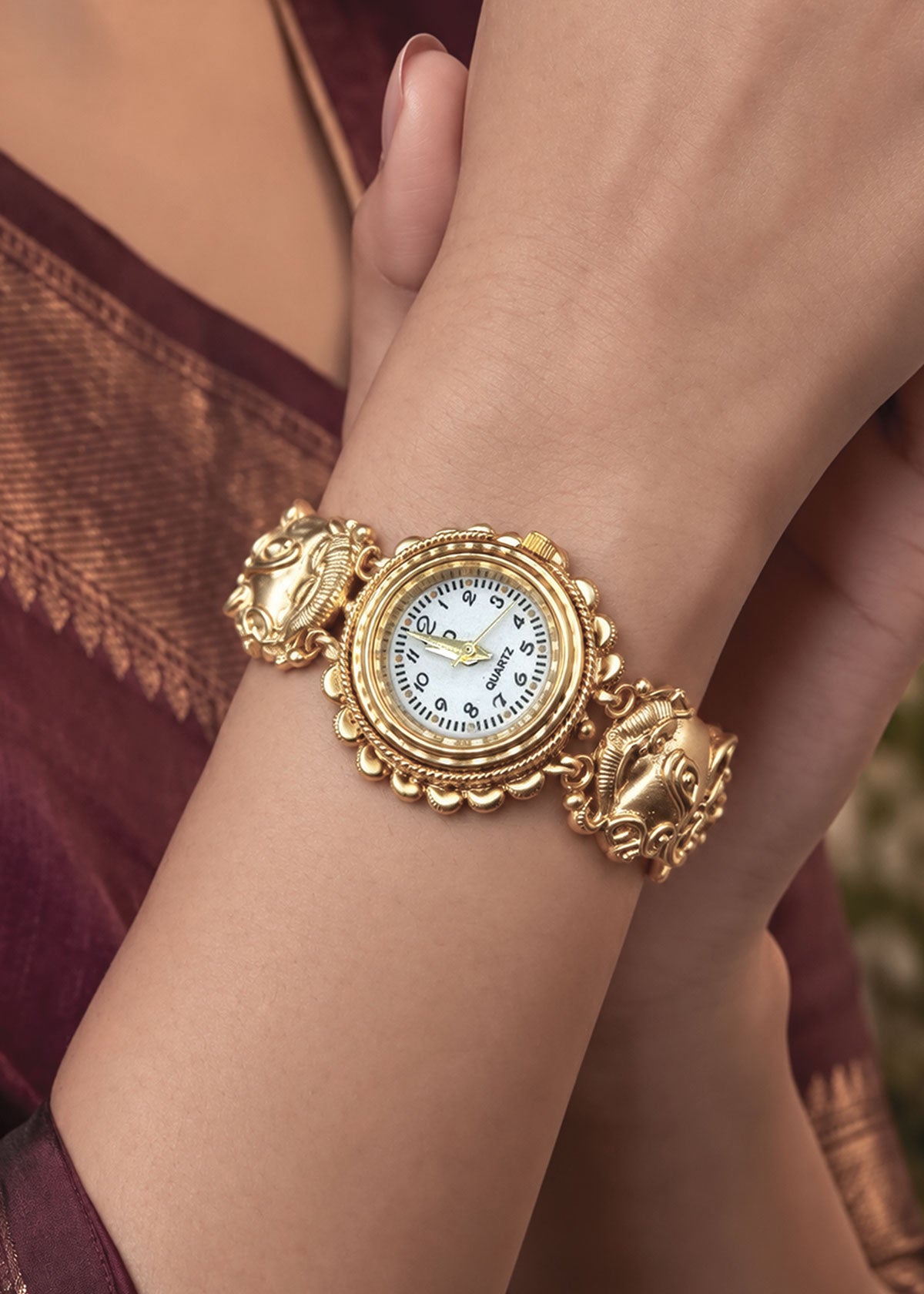 Royal Elephant Motif Kundan & Cubic Zircon Heavy Adjustable Watch For Women