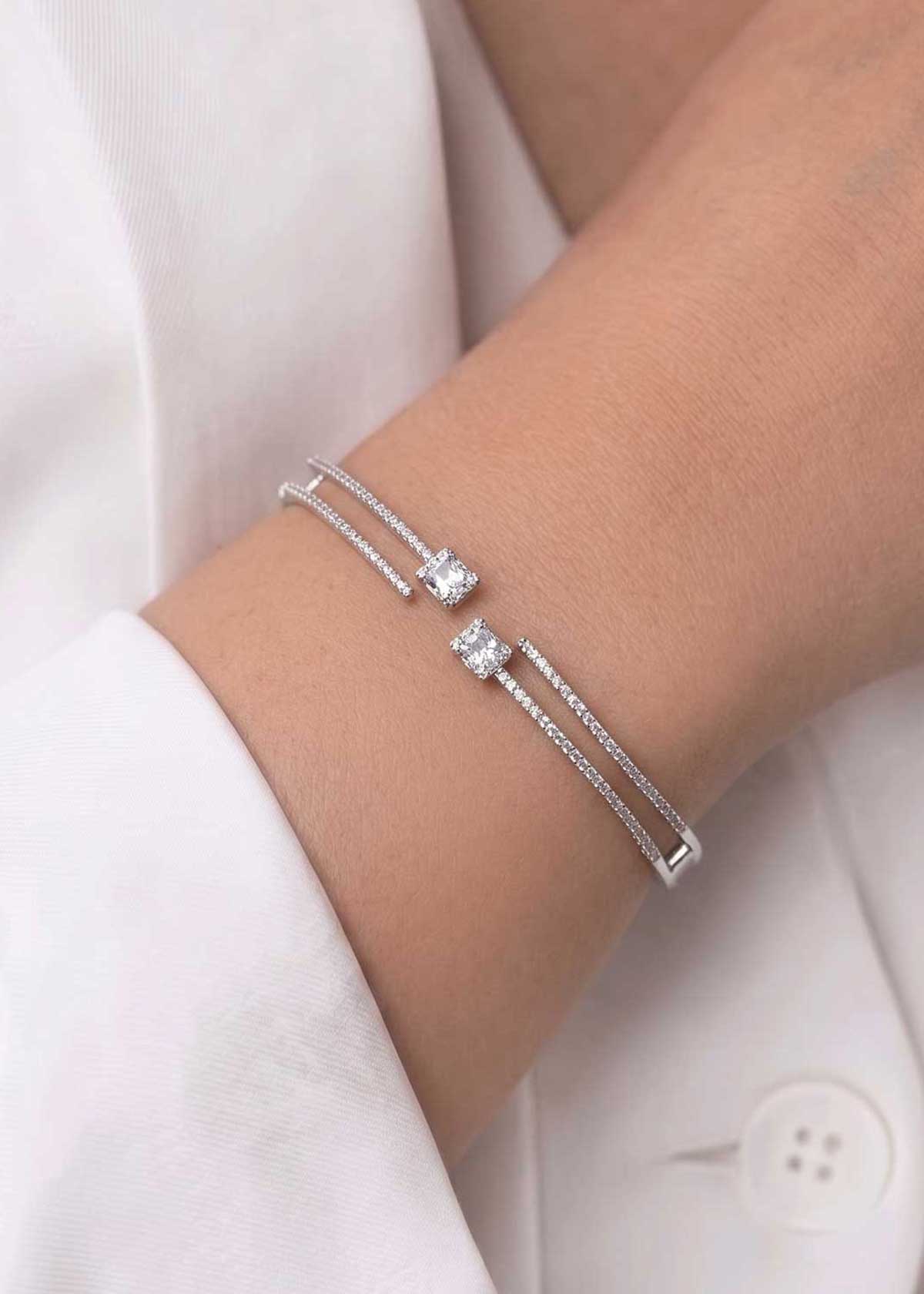 Geometric Cubic Zircon & Baguette Diamond Openable Kada Bracelet For Women