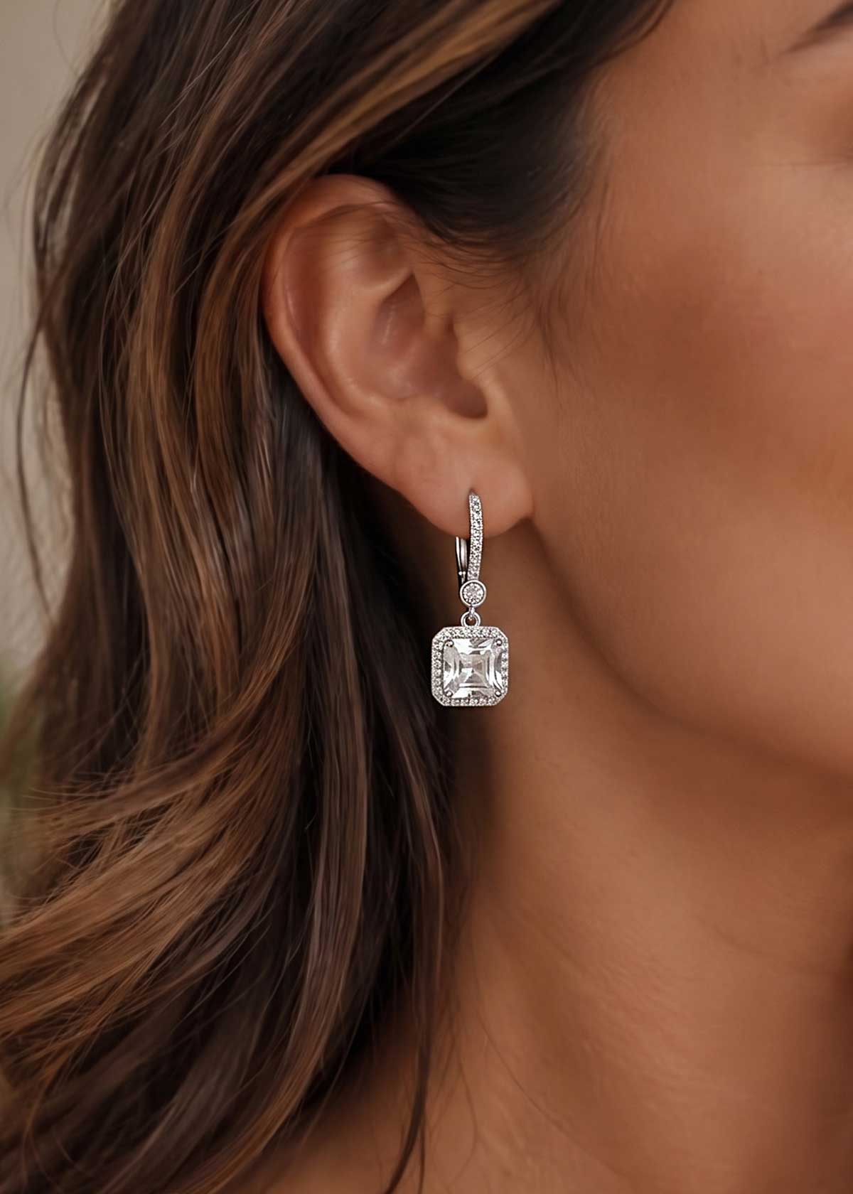Brilliant Silver-Plated Square Halo Drop Cubic Zircon Bali Earrings For Women