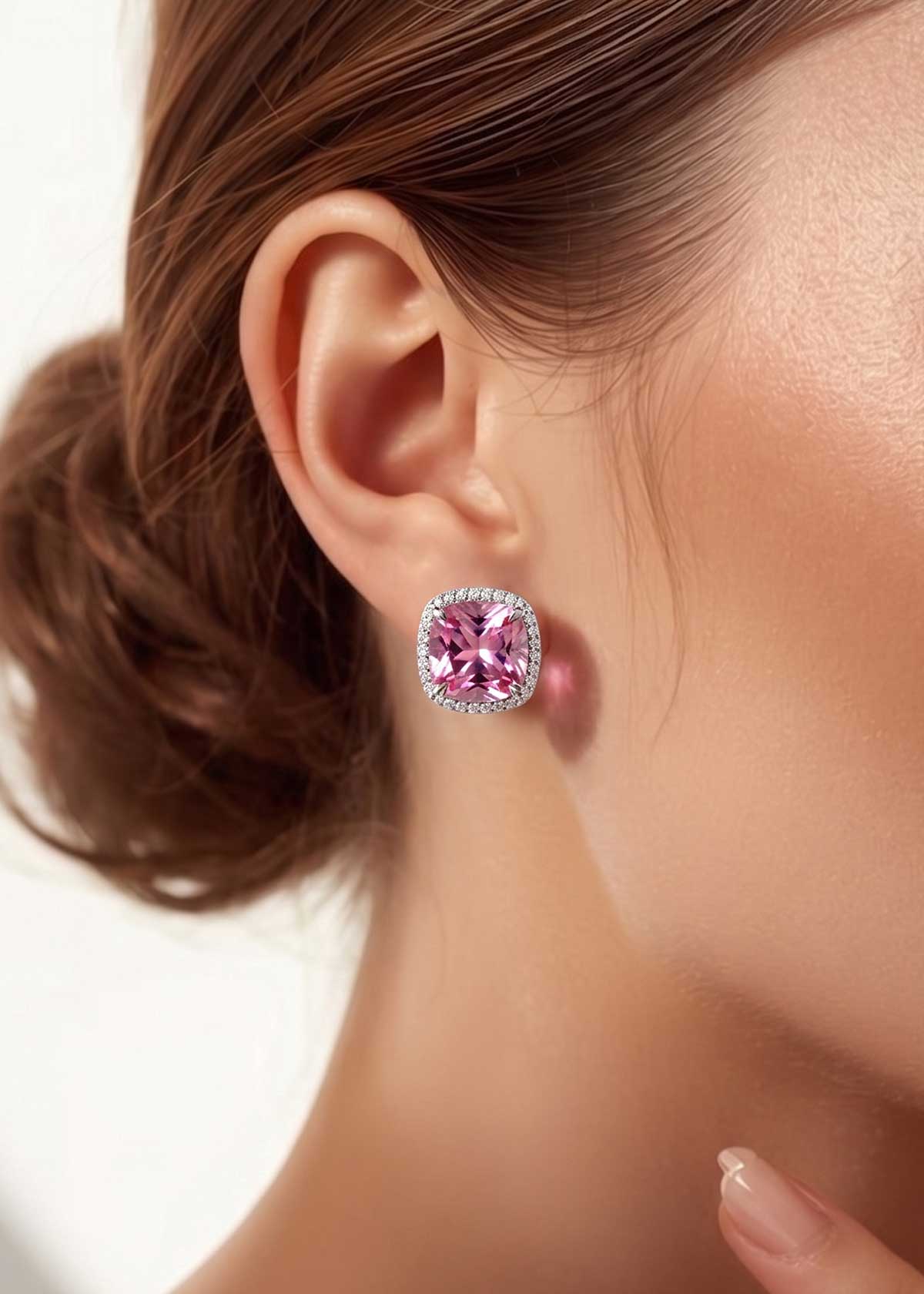 Colorful Square Gemstone & Cubic Zircon Two Tone Halo Stud Earrings For Women