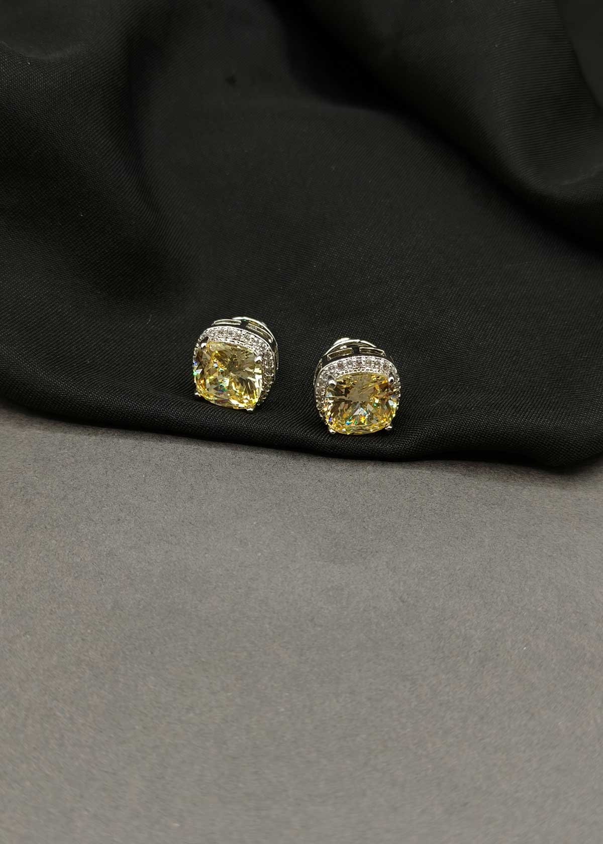 Colorful Square Gemstone & Cubic Zircon Two Tone Halo Stud Earrings For Women
