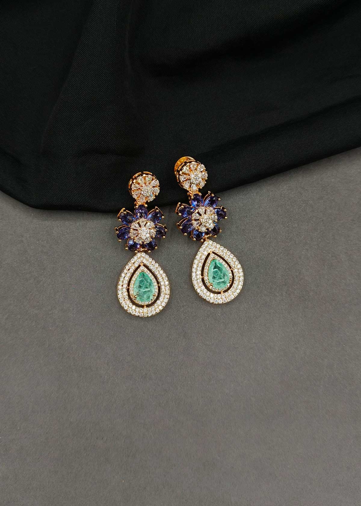 Colorful Floral Gemstone & Cubic Zircon Silver & Rose Gold Plated Teardrop Dangle Earrings For Women