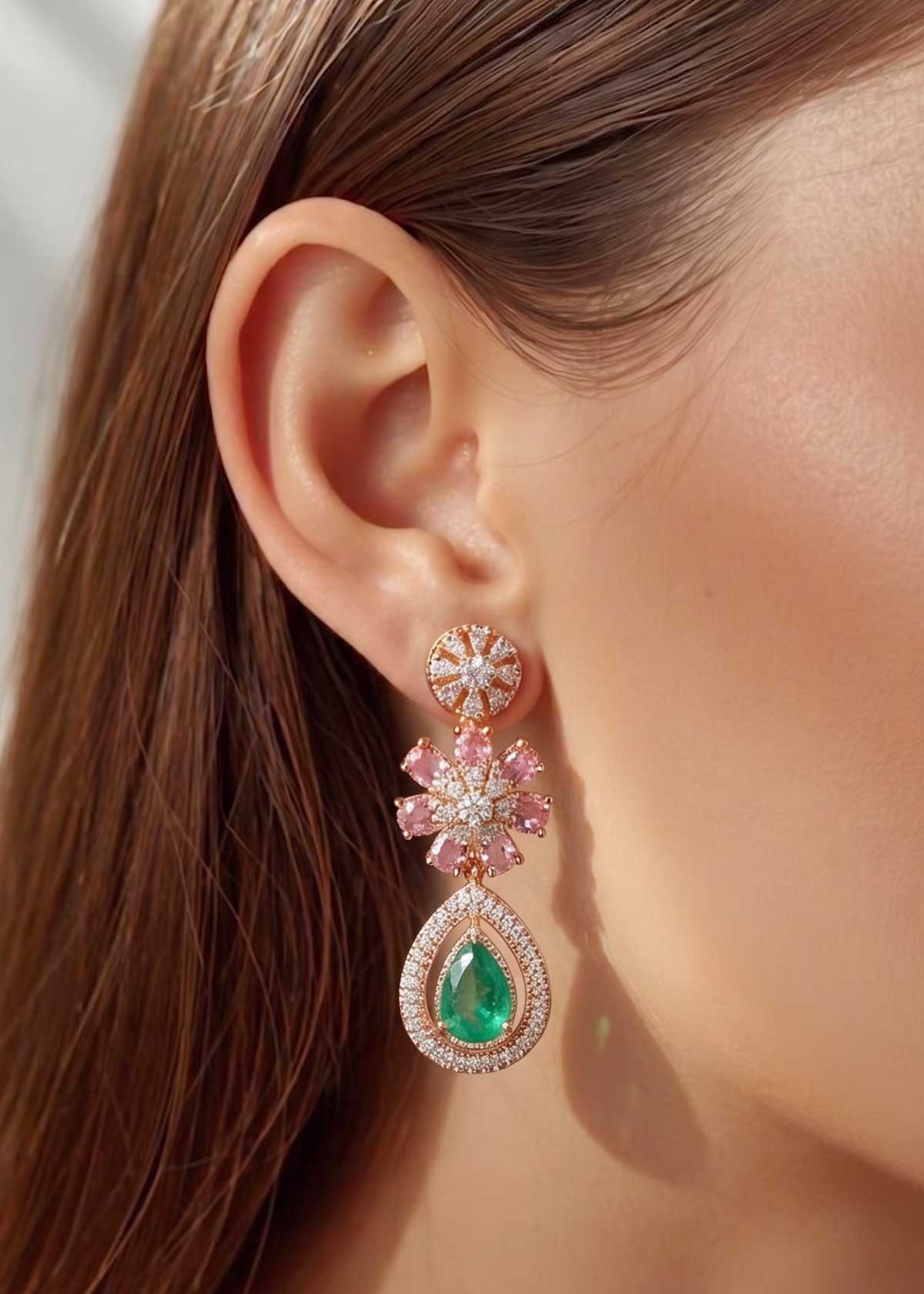 Colorful Floral Gemstone & Cubic Zircon Silver & Rose Gold Plated Teardrop Dangle Earrings For Women