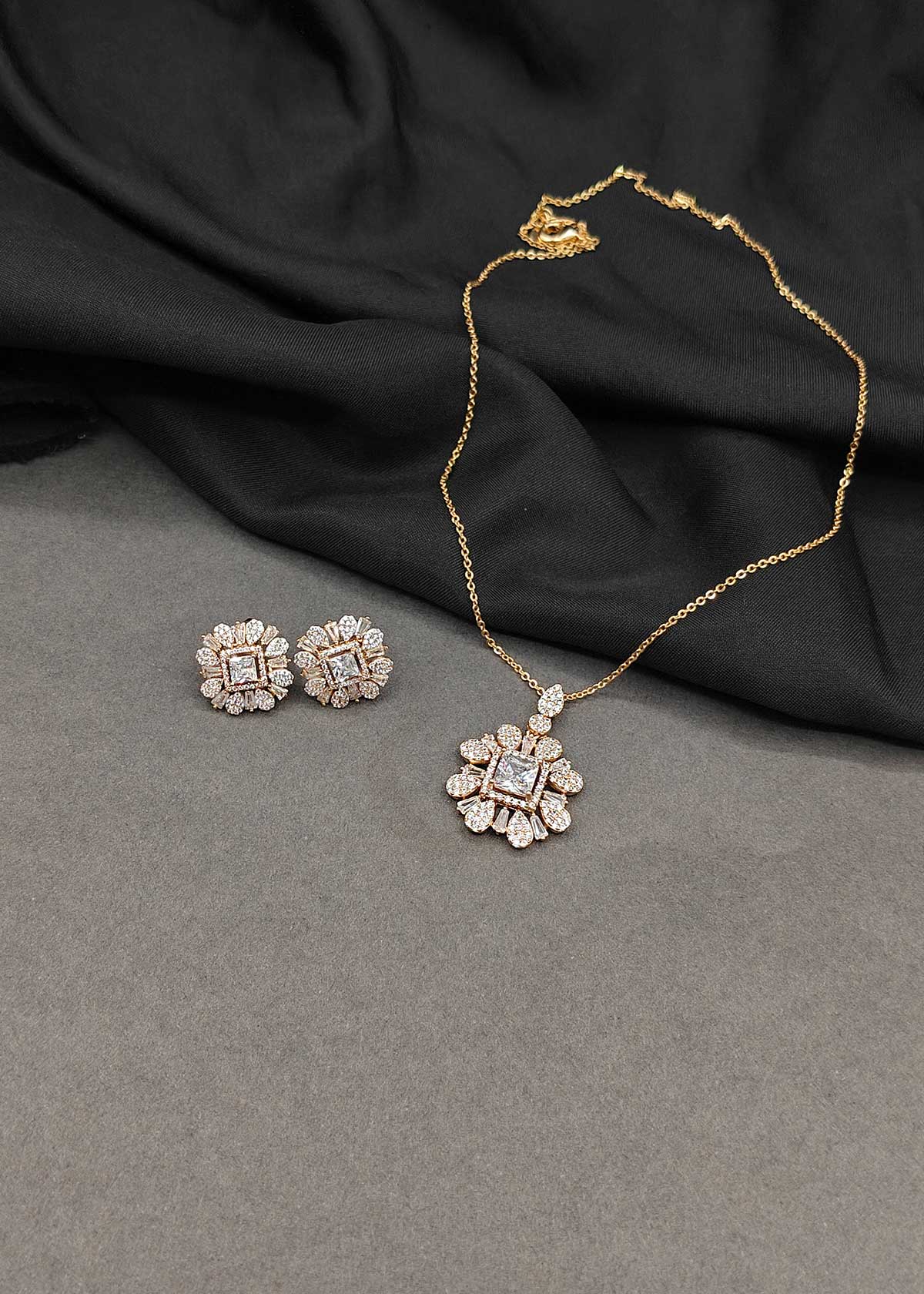 Stunning Floral Baguette And Square Cubic Zircon Pendant Set With Chain For Women