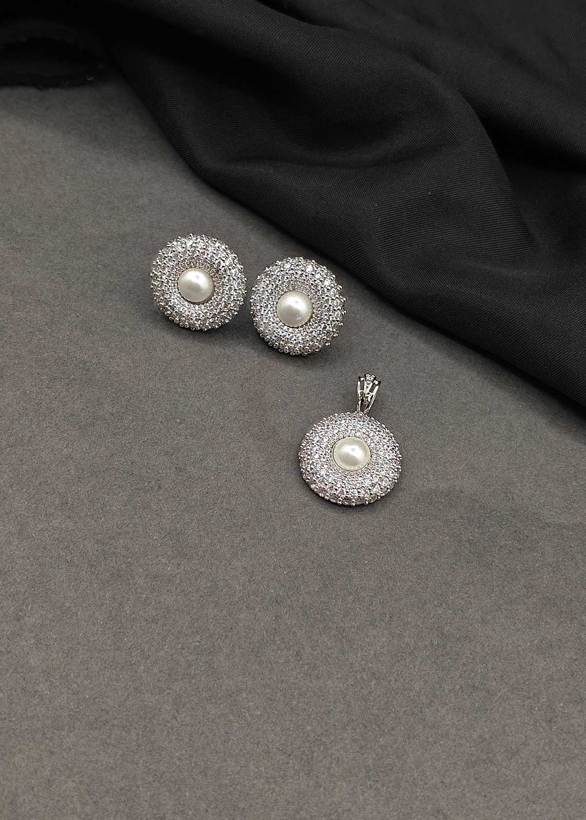 Lustrous Pearl And Cubic Zircon Halo Pendant Set For Women