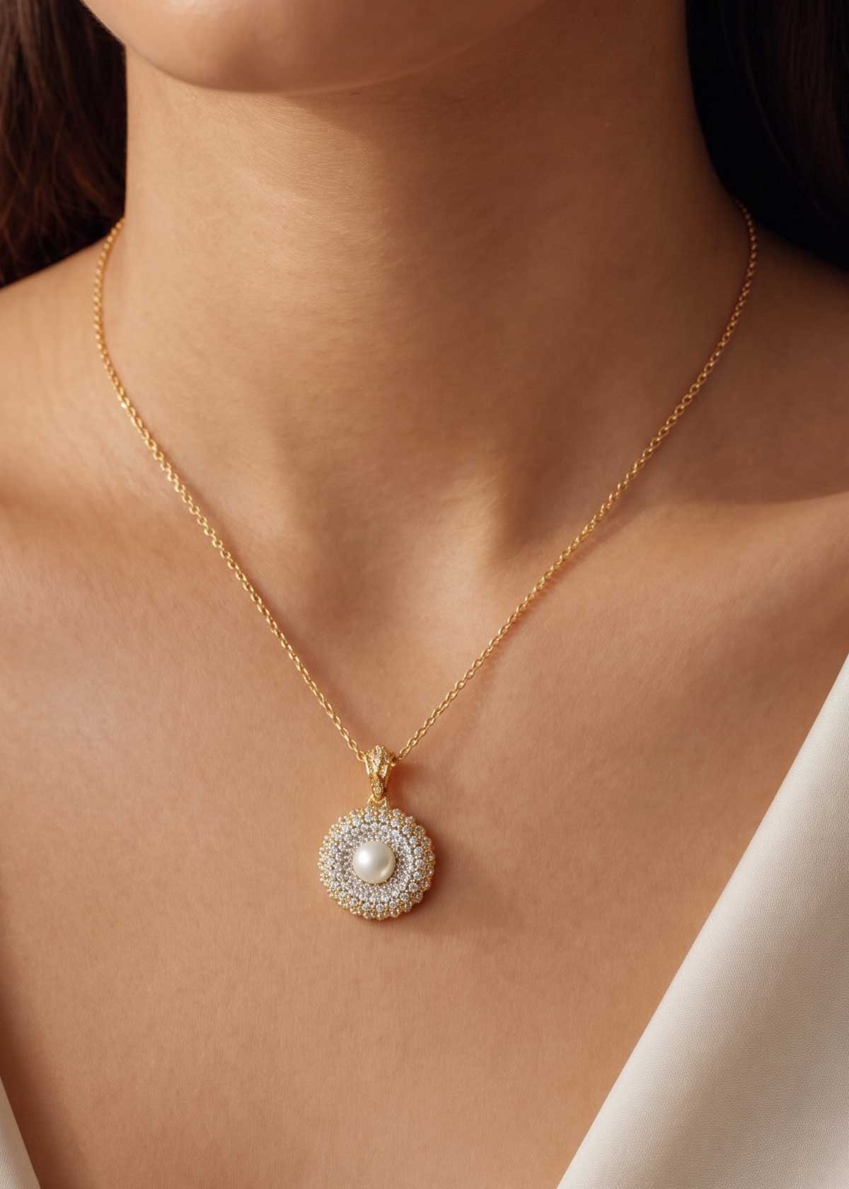 Lustrous Pearl And Cubic Zircon Halo Pendant Set For Women