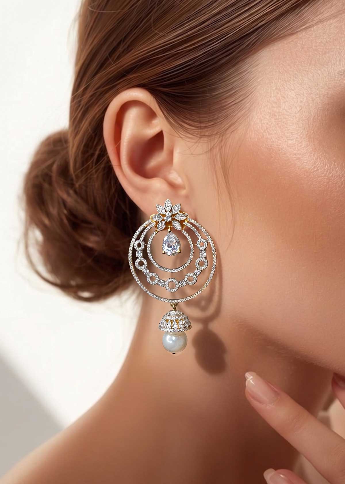 Radiant Pearl-Drop Cubic Zircon Two Toned Circle Earrings For Women