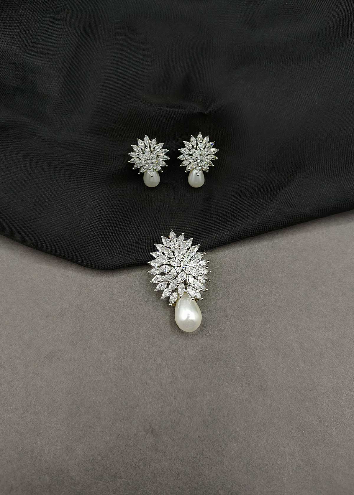 Gorgeous Marquise Diamond And Drop Pearl Pendant Set For Women