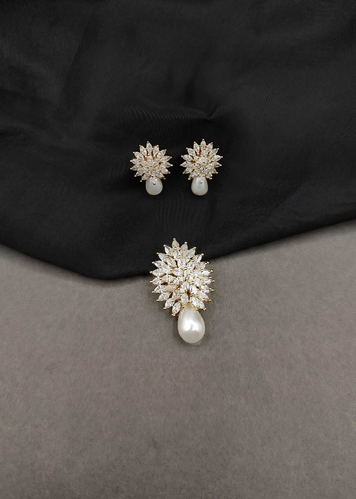 Gorgeous Marquise Diamond And Drop Pearl Pendant Set For Women