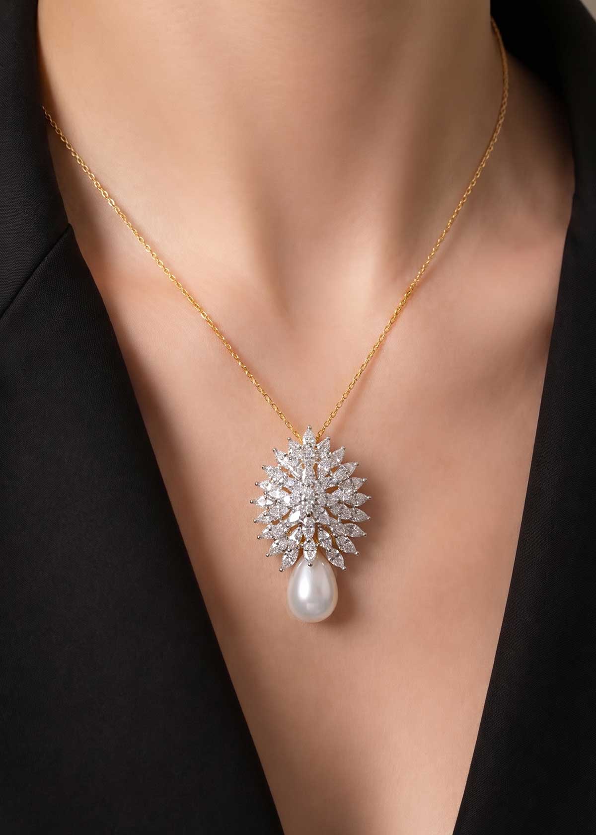 Gorgeous Marquise Diamond And Drop Pearl Pendant Set For Women