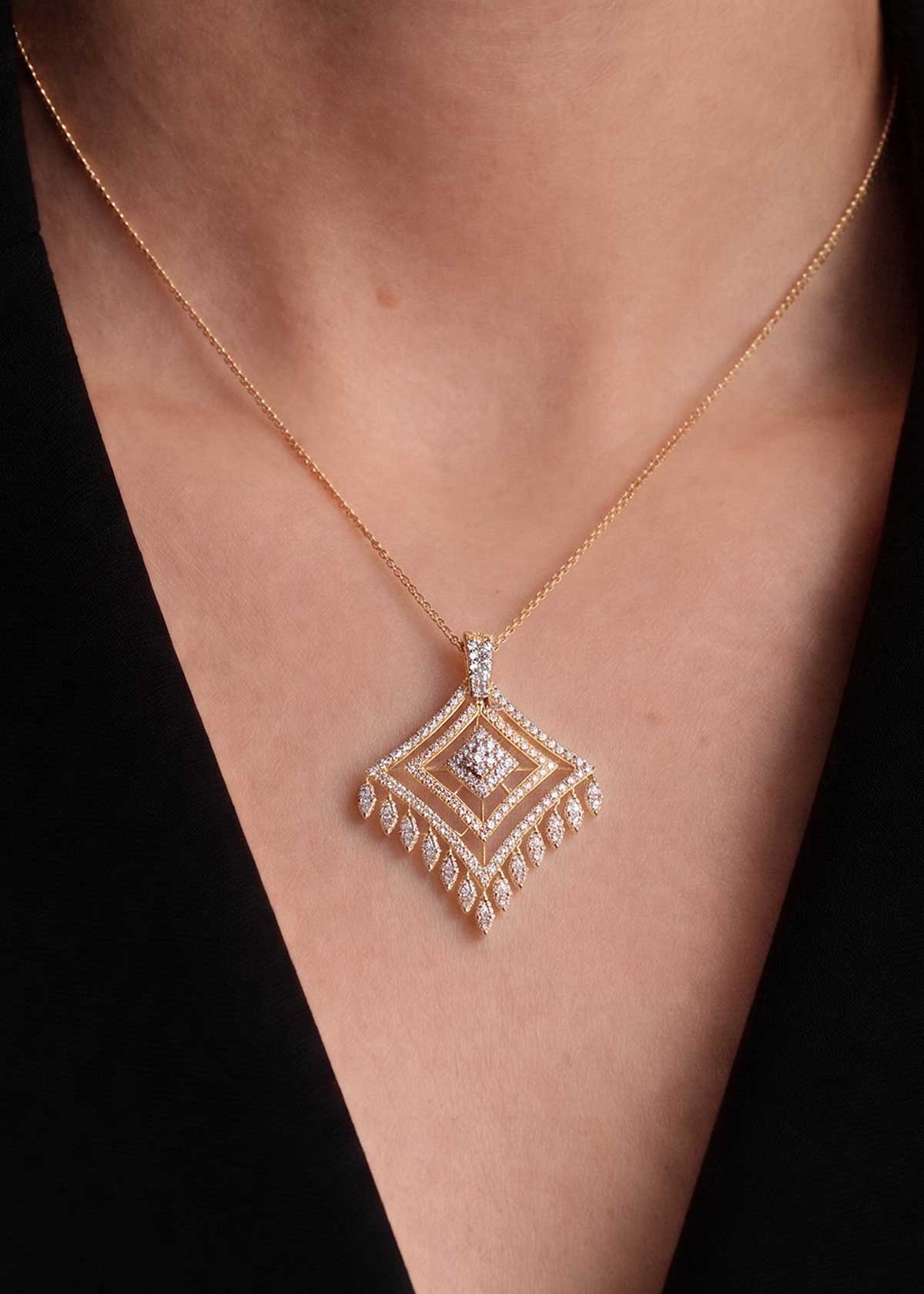 Geometric Diamond-Shape Marquise And Cubic Zircon Pendant Set For Women
