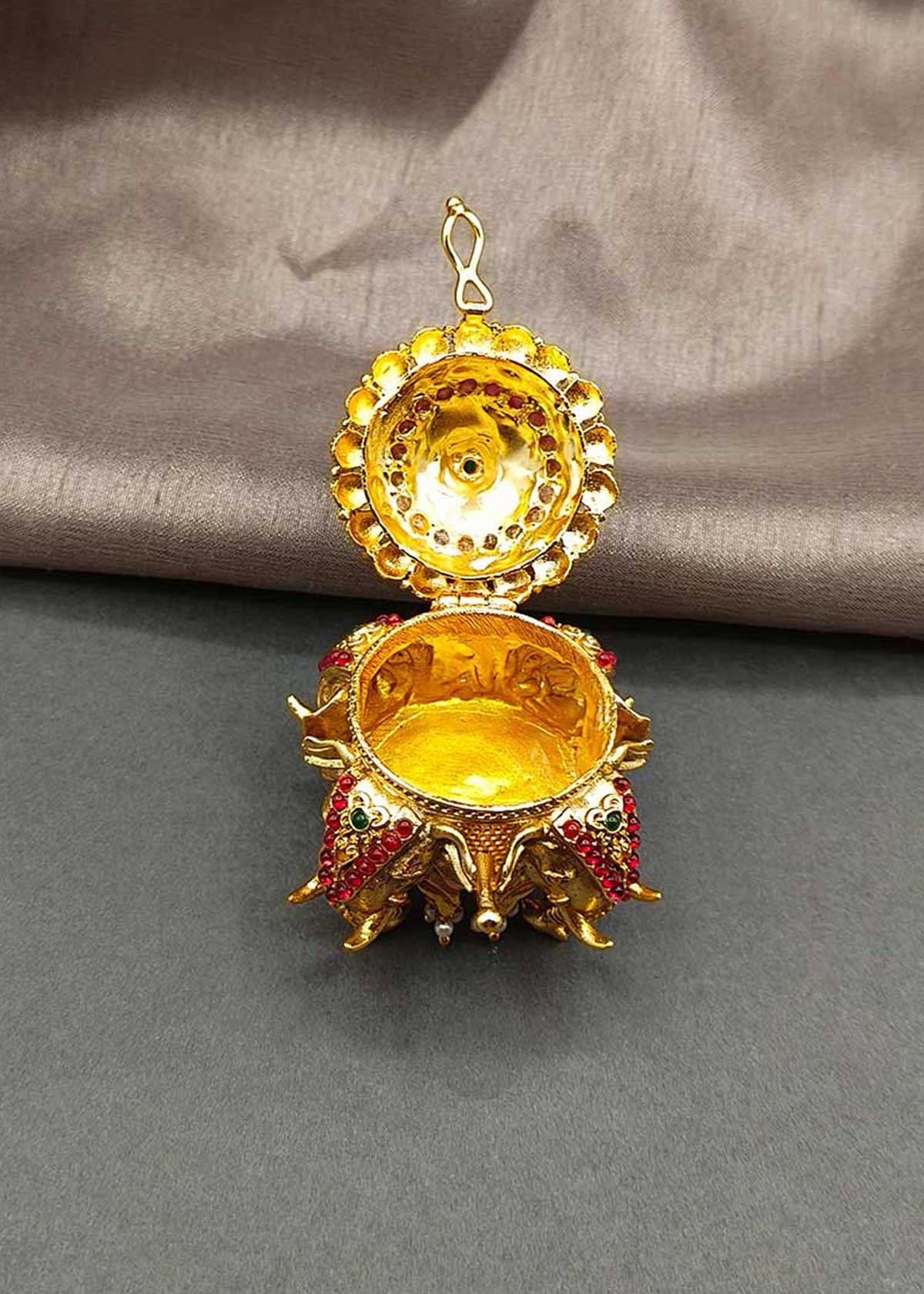Royal Antique Gold-Plated Elephant Motif Kumkum Box / Sindoor Box