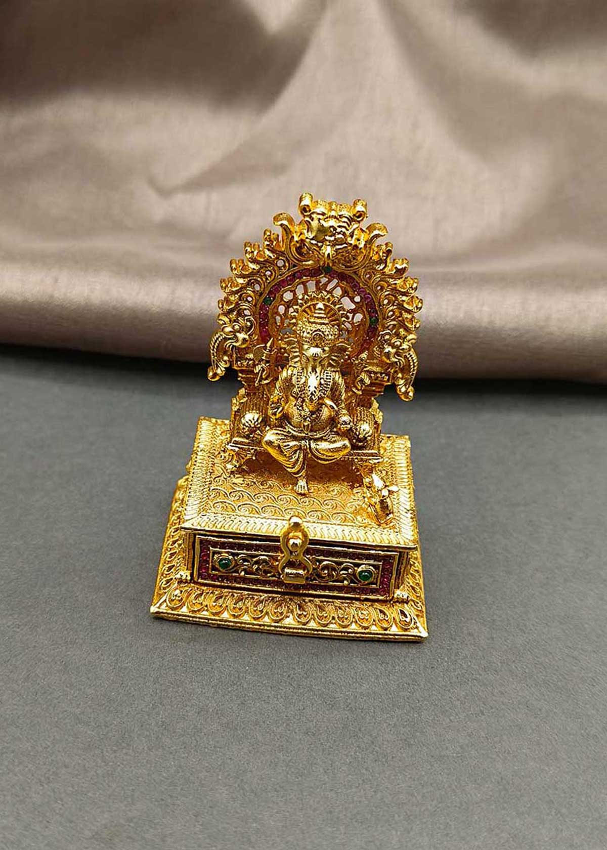 Divine Lord Ganesha Antique Gold-Plated Kumkum Box