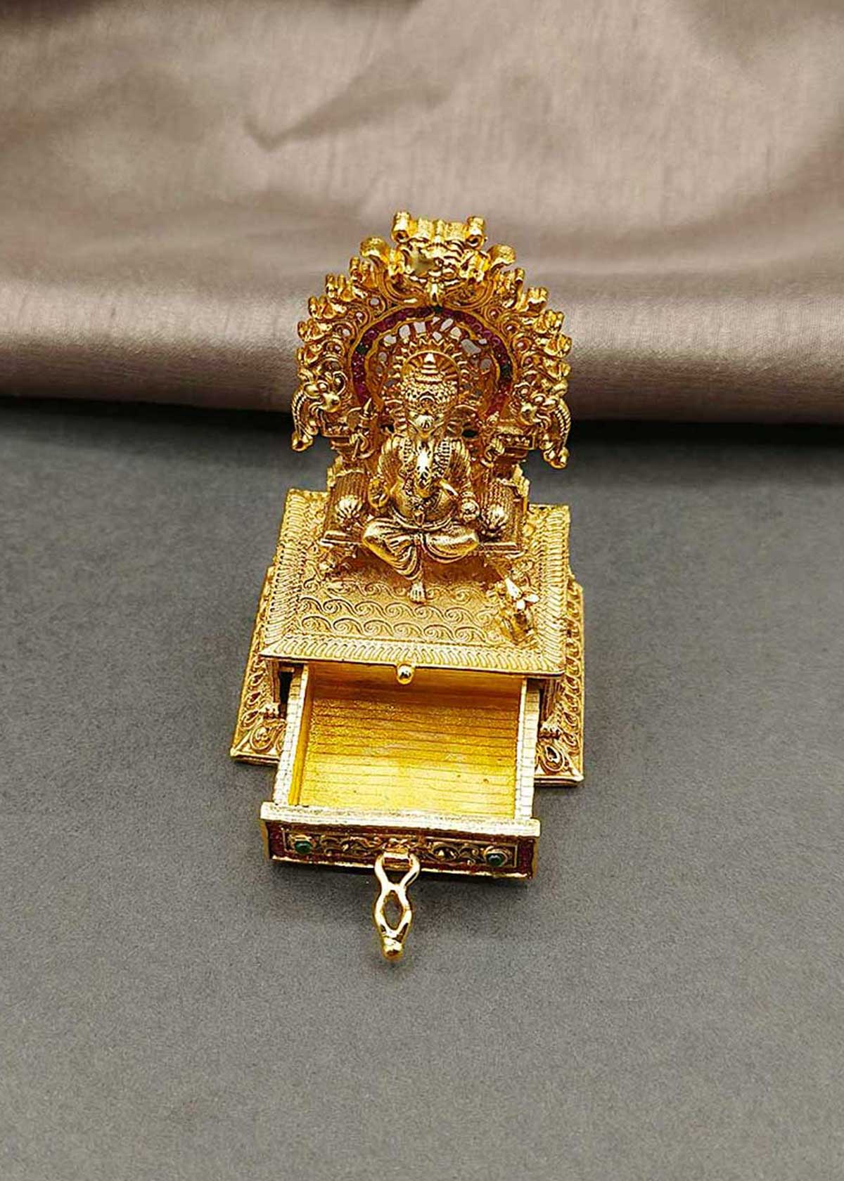 Divine Lord Ganesha Antique Gold-Plated Kumkum Box