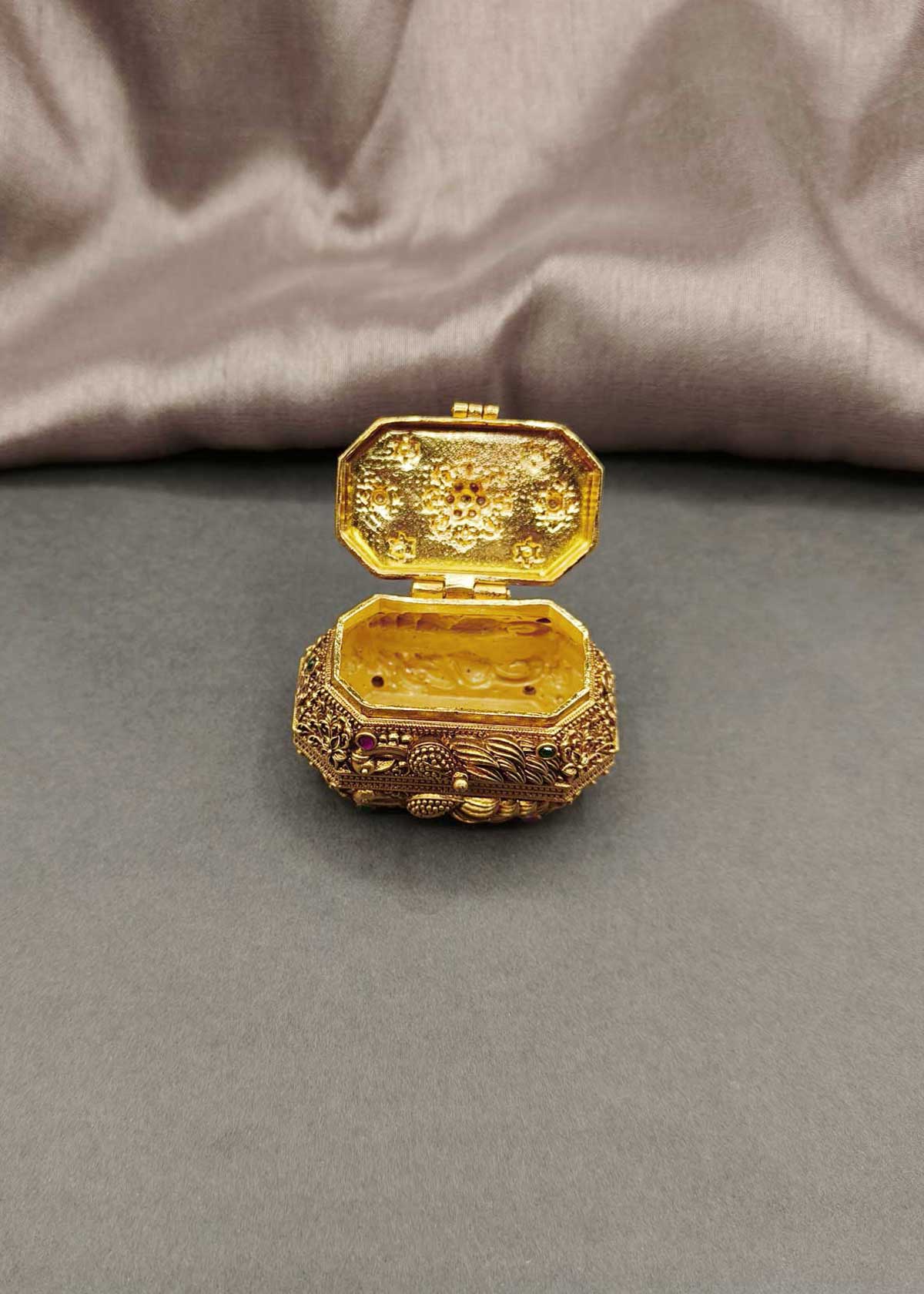 Designer Antique Gold-Plated Floral Motif Kumkum Box / Sindoor Box