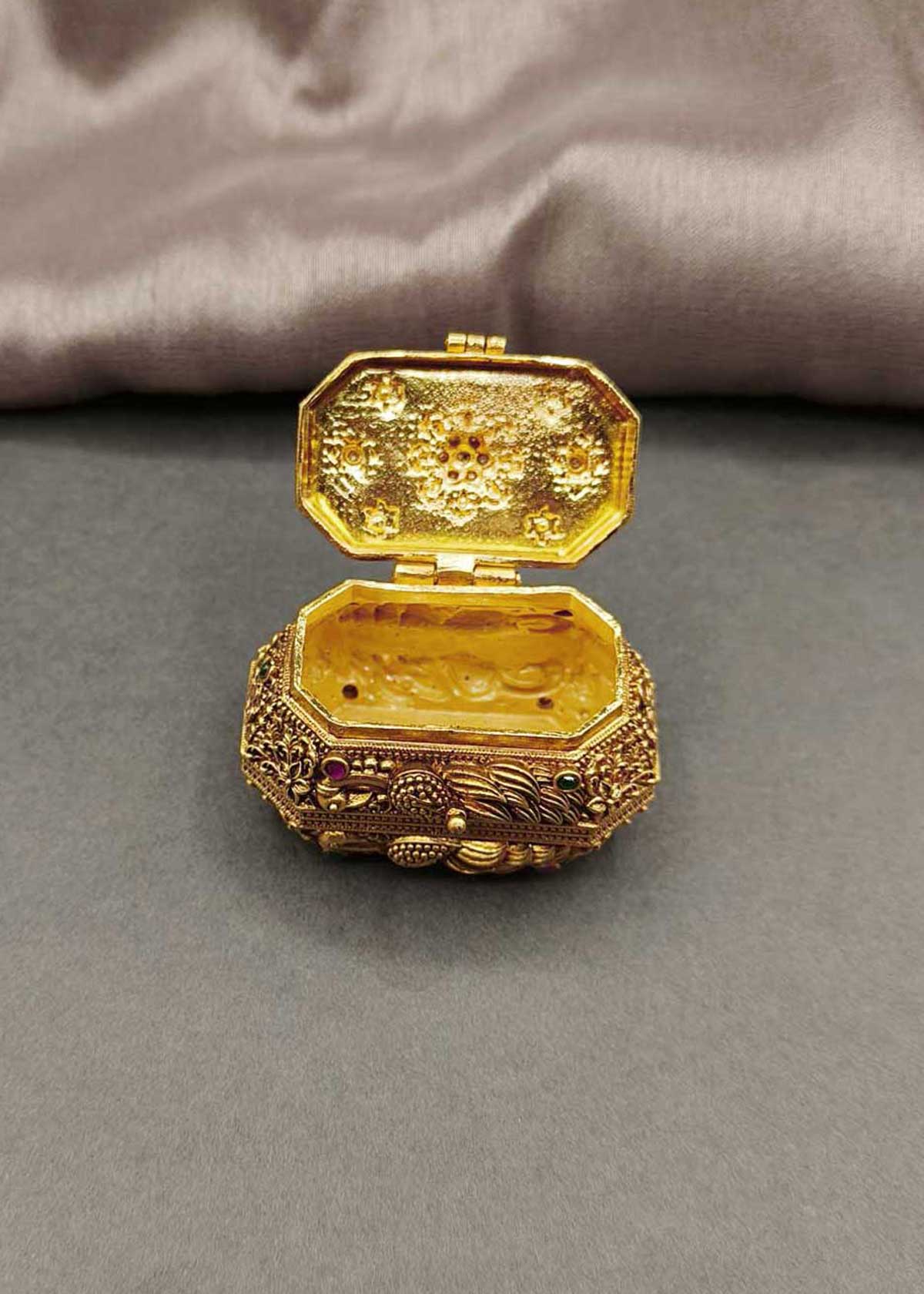Designer Antique Gold-Plated Floral Motif Kumkum Box / Sindoor Box