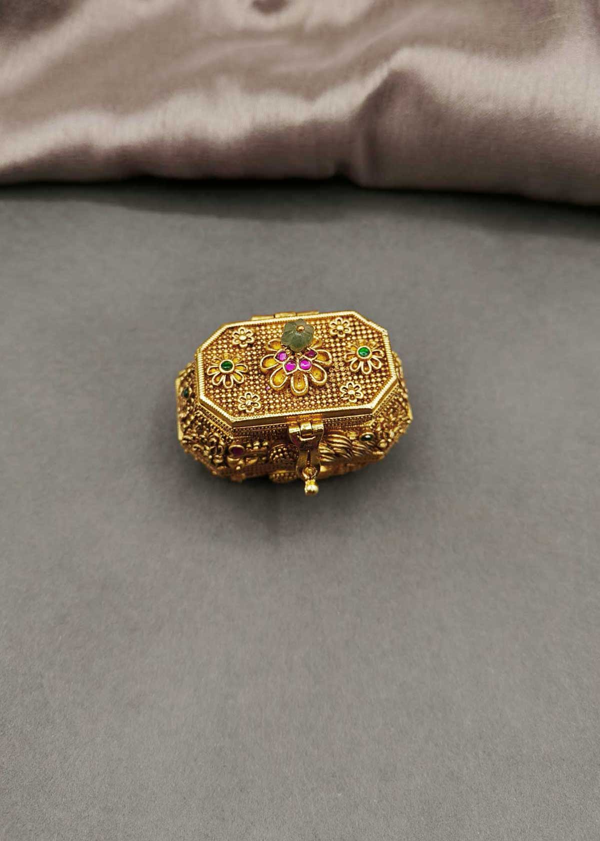 Designer Antique Gold-Plated Floral Motif Kumkum Box / Sindoor Box