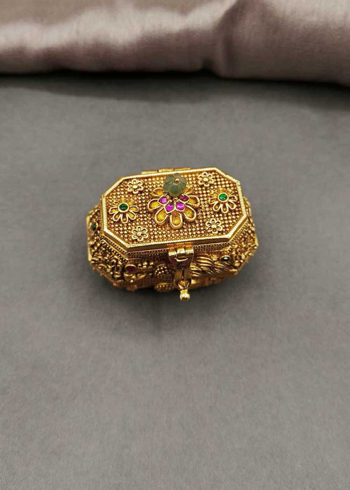 Designer Antique Gold-Plated Floral Motif Kumkum Box / Sindoor Box