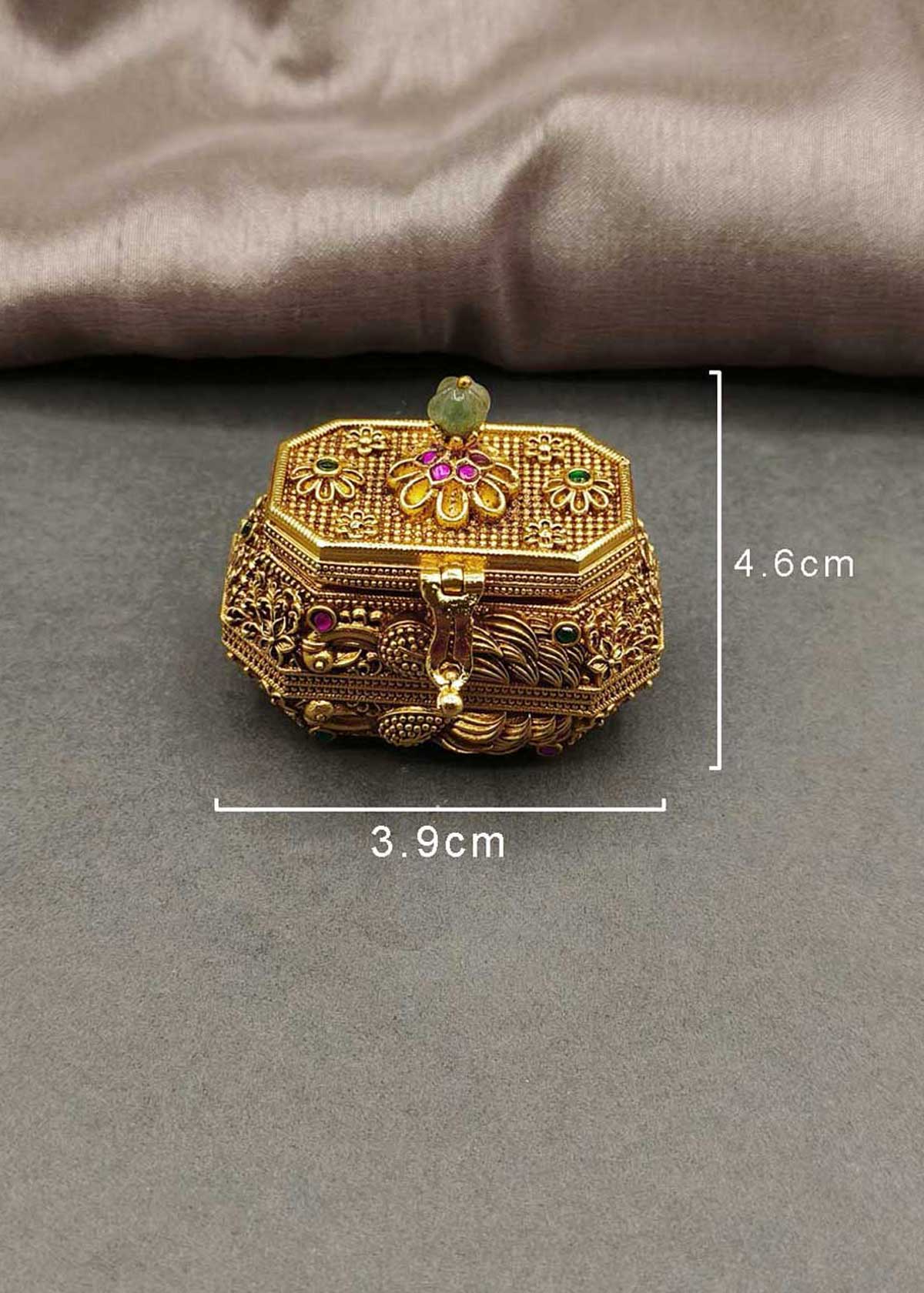 Designer Antique Gold-Plated Floral Motif Kumkum Box / Sindoor Box
