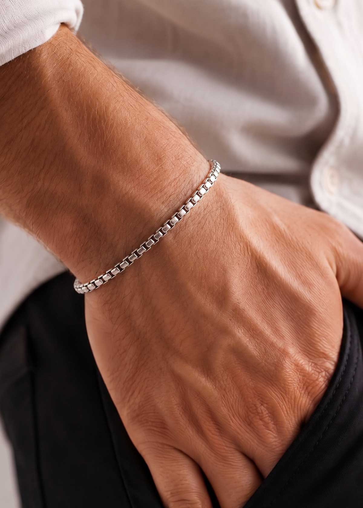 92.5 Sterling Silver Minimalist Thin Box Chain Bracelet Men's Loose Bracelet