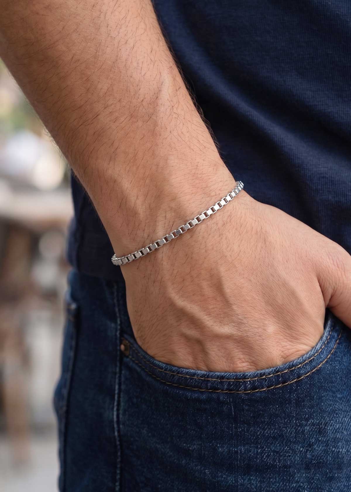 92.5 Sterling Silver Box-Link Men's Thin Loose Bracelet
